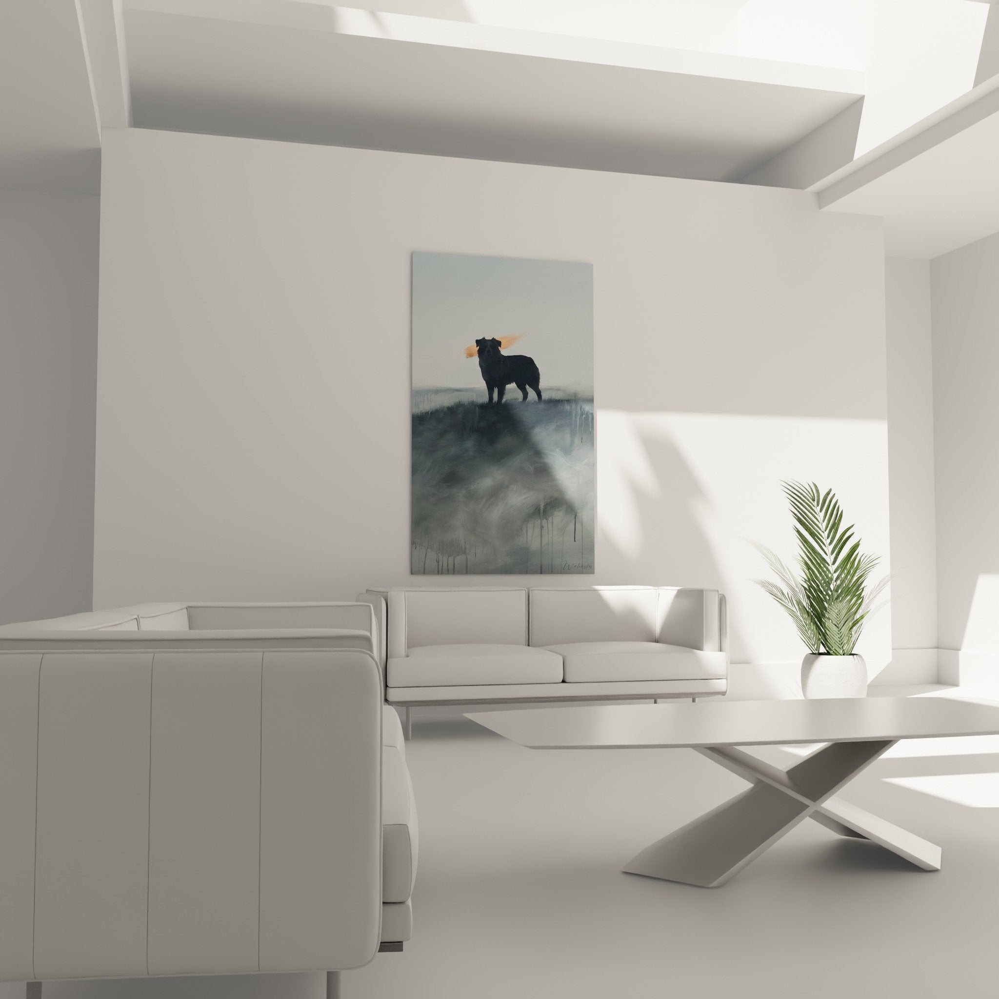 miniature american shepherd watercolor detail technique drips gradients gray orange contemporary art
