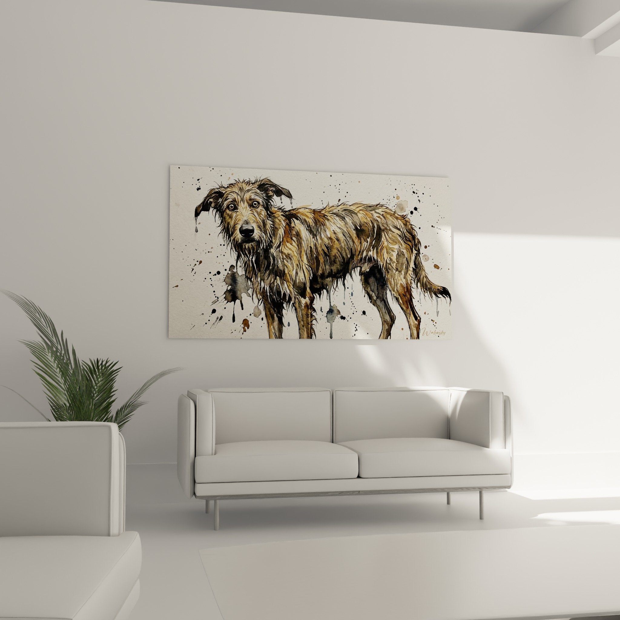 Détail aquarelle Berger Picard pelage mouillé technique éclaboussures peinture tons ocre naturels