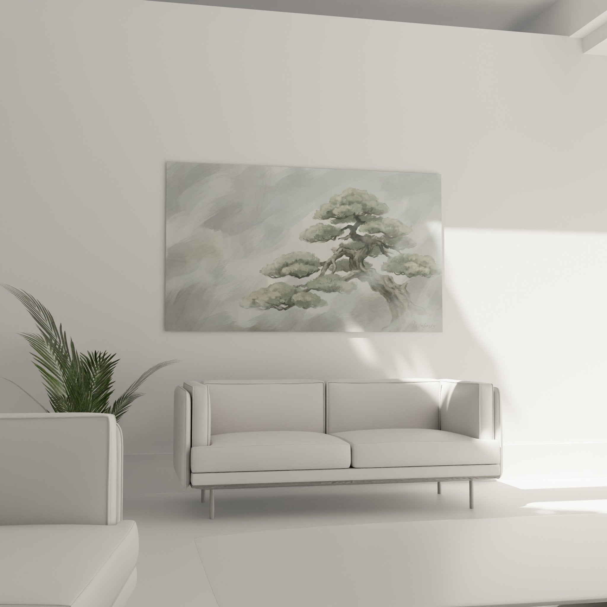 Détail aquarelle bonsaï nuances gris vert technique vaporeuse branches délicates effet brume