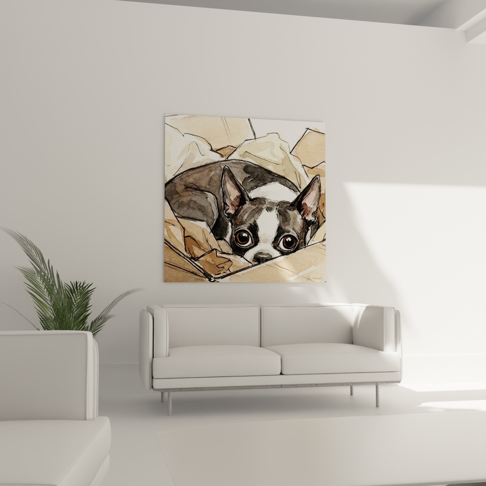 Détail aquarelle Boston Terrier, technique peinture douce, yeux bruns expressifs, pelage noir et blanc texturé