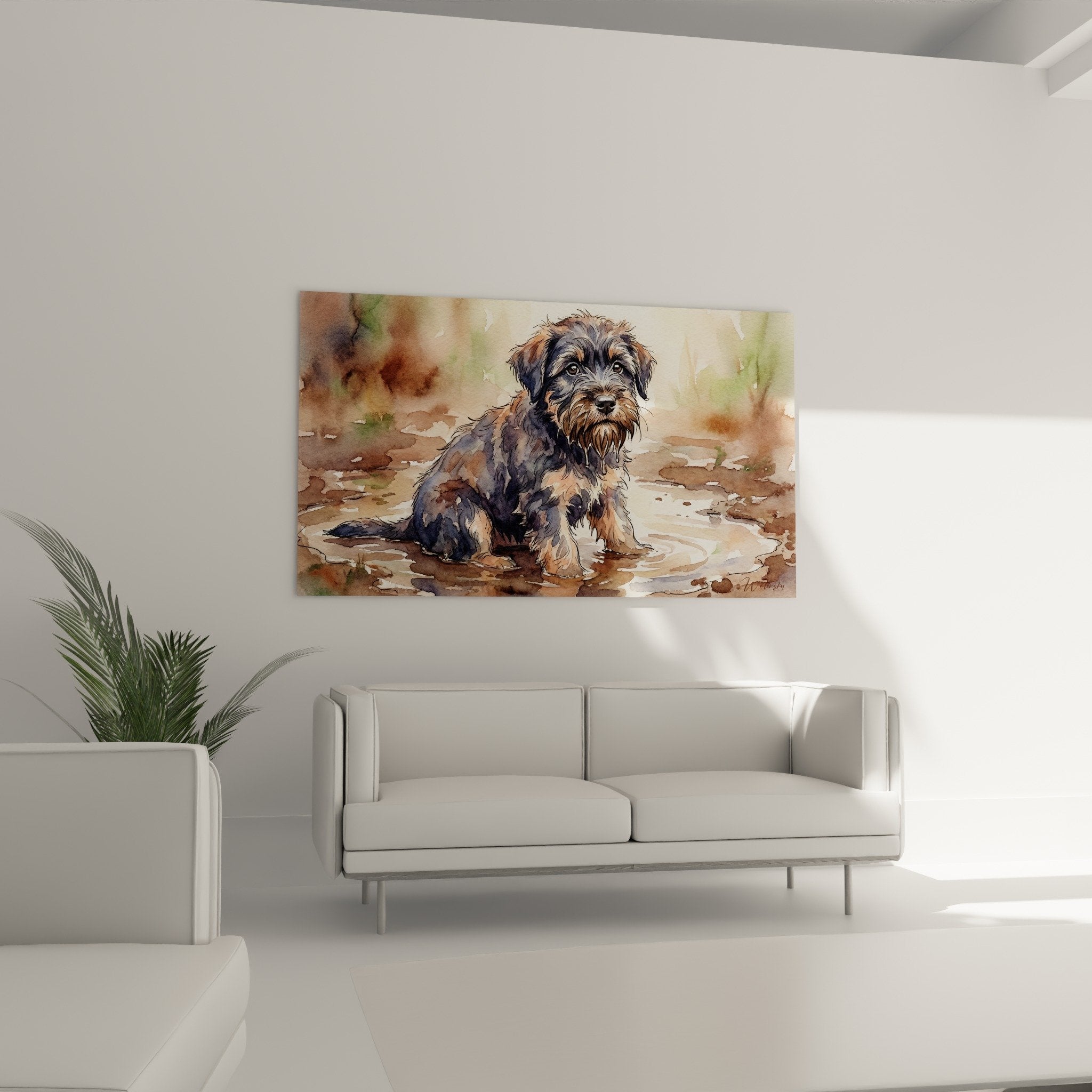 Dettaglio acquerello cucciolo Bovaro delle Fiandre mantello grigio-rosso tecnica pittura riflessi acqua