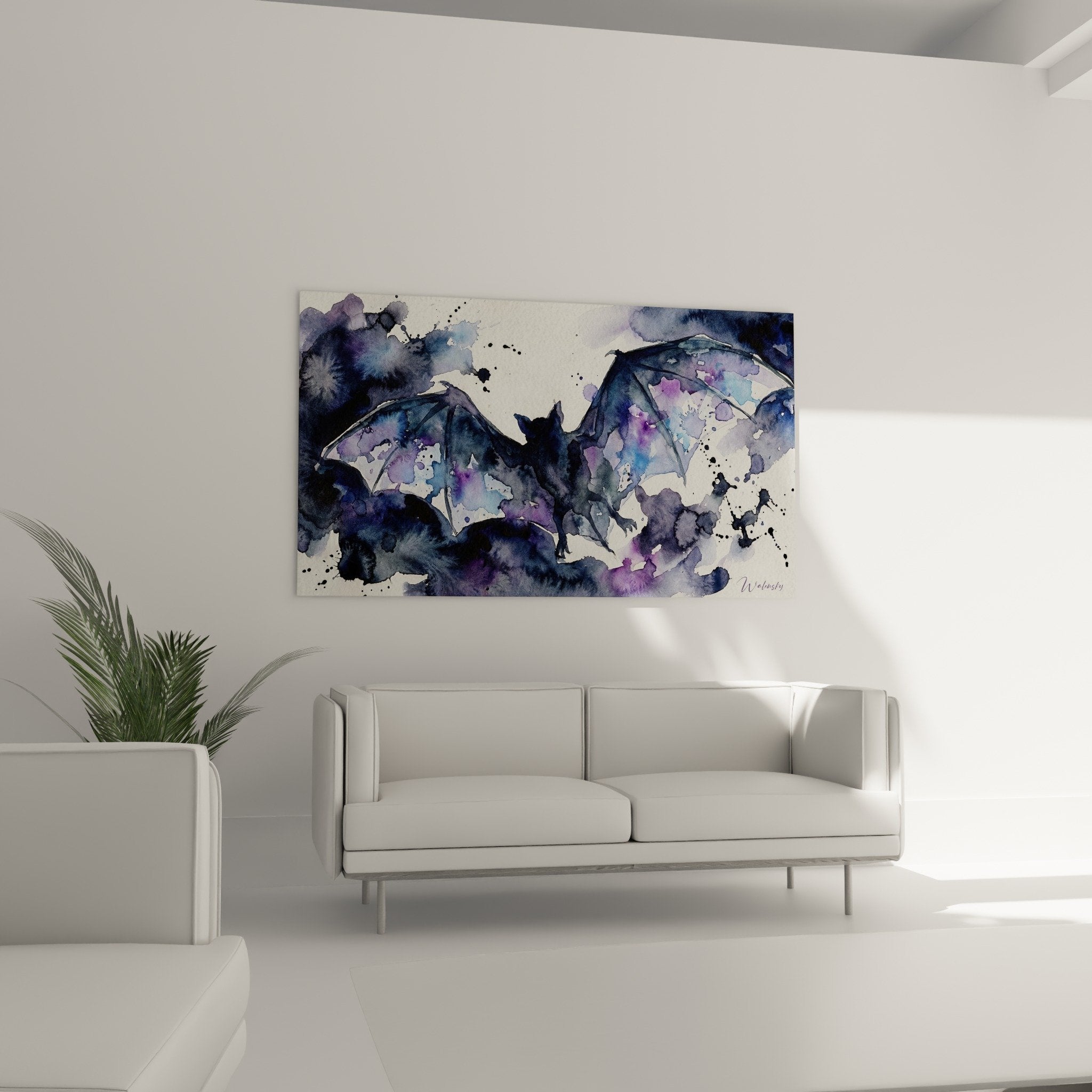 Aquarelldetail Fledermaus Flügel Membranen blauviolett zeitgenössische Wasserfarbentechnik