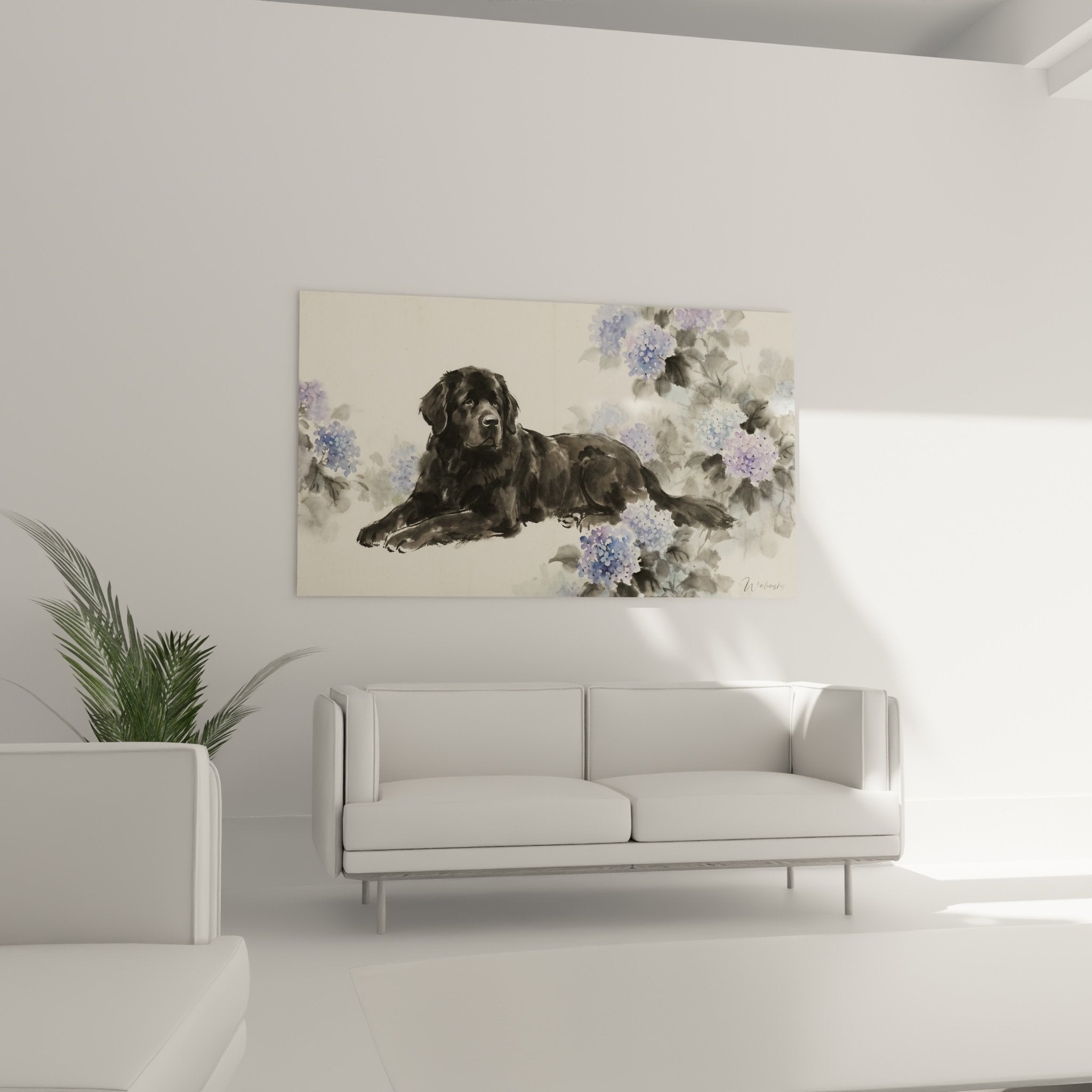 Détail aquarelle Terre Neuve noir et hortensias bleu lavande technique artistique