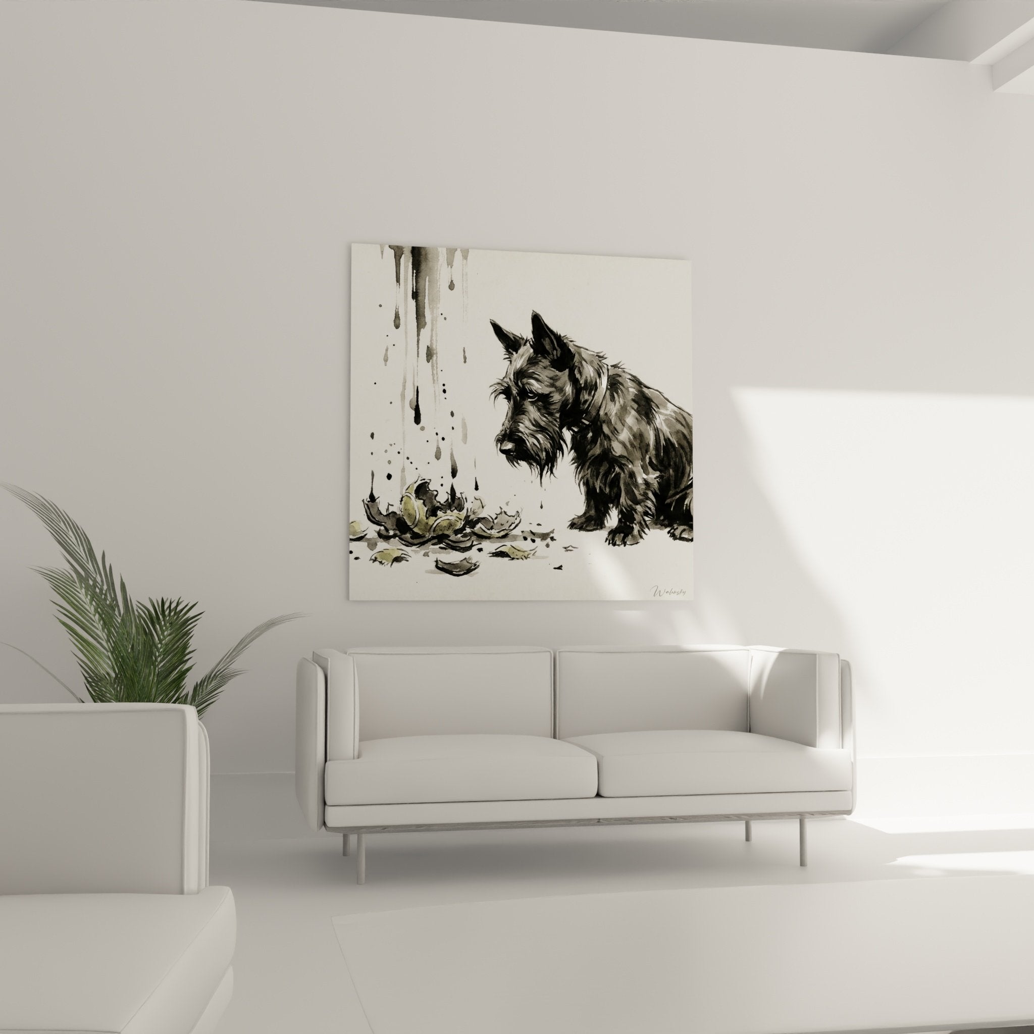 Detail aquarelle scottish terrier pelage gris anthracite et blanc sous coulures de pluie