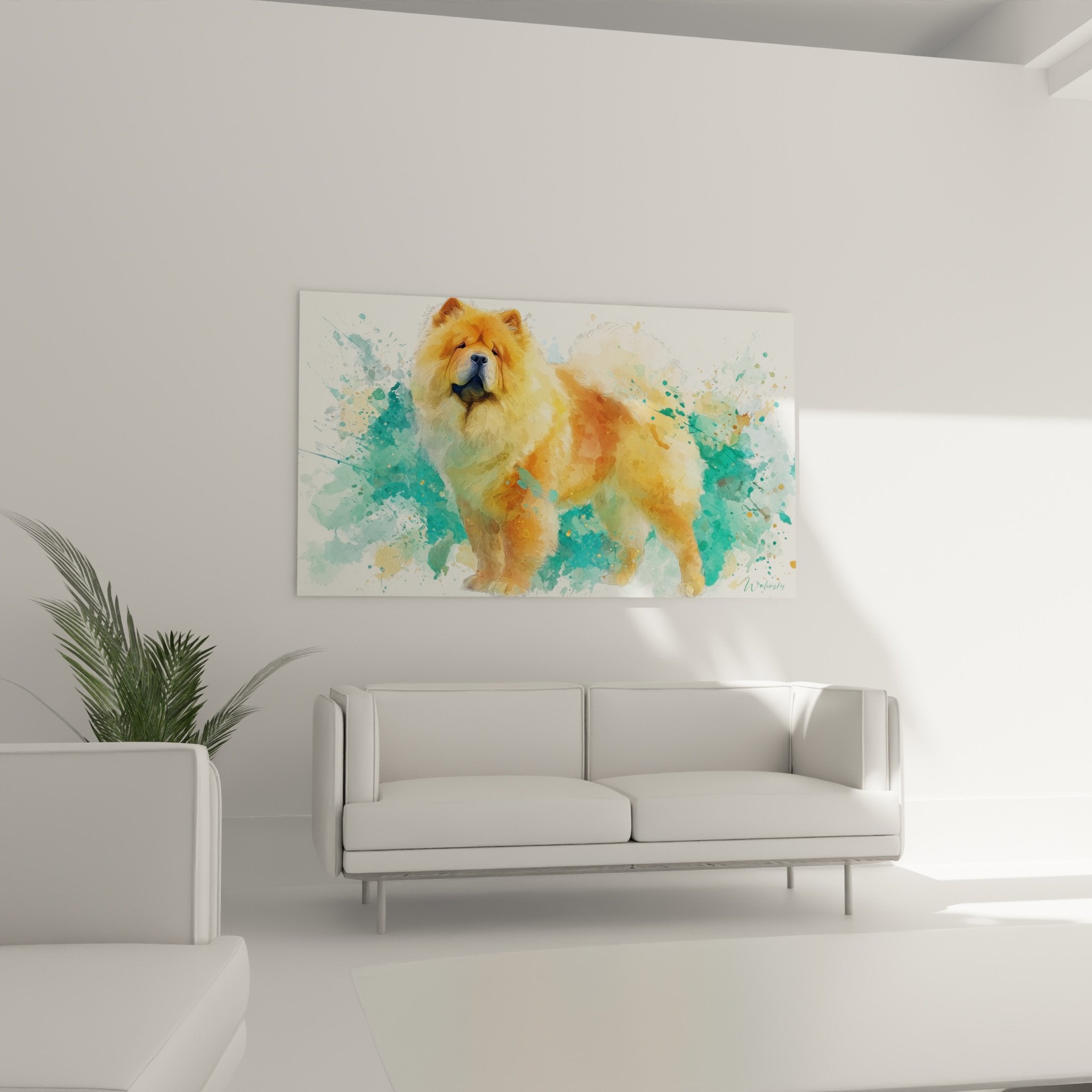 Detail aquarelle chow chow pelage dore cuivre avec projections peinture turquoise