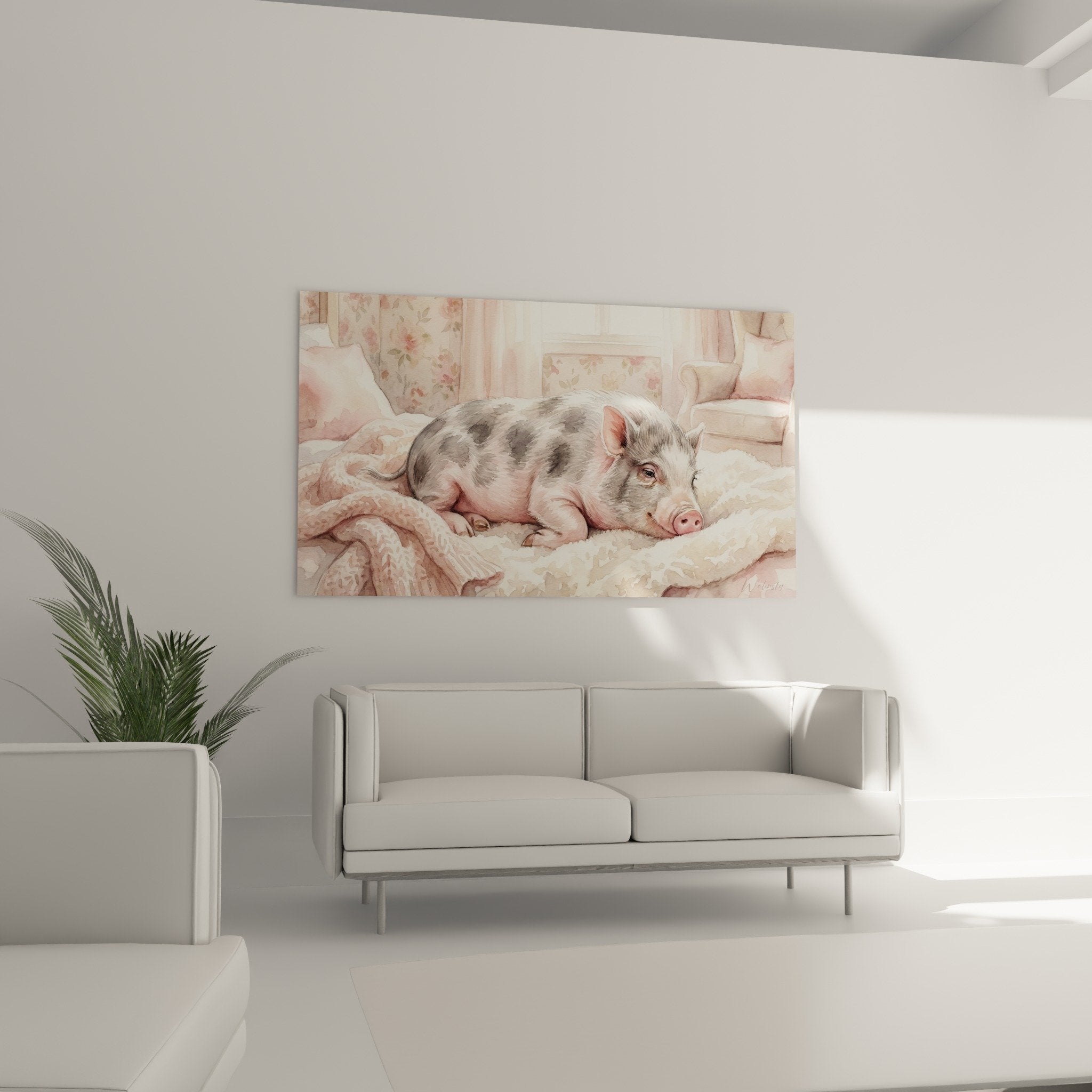 Watercolor pig detail with grey patches on pink coat, delicate artistic technique