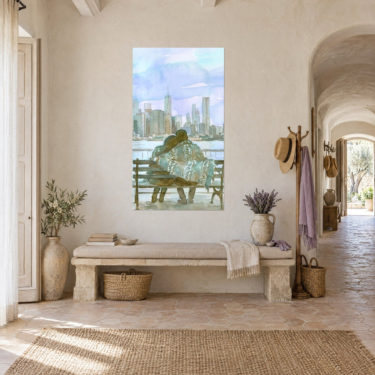 Wall art of urban tenderness: two silhouettes under a sea-green blanket facing the skyline, pale violet sky, in a vaulted hallway