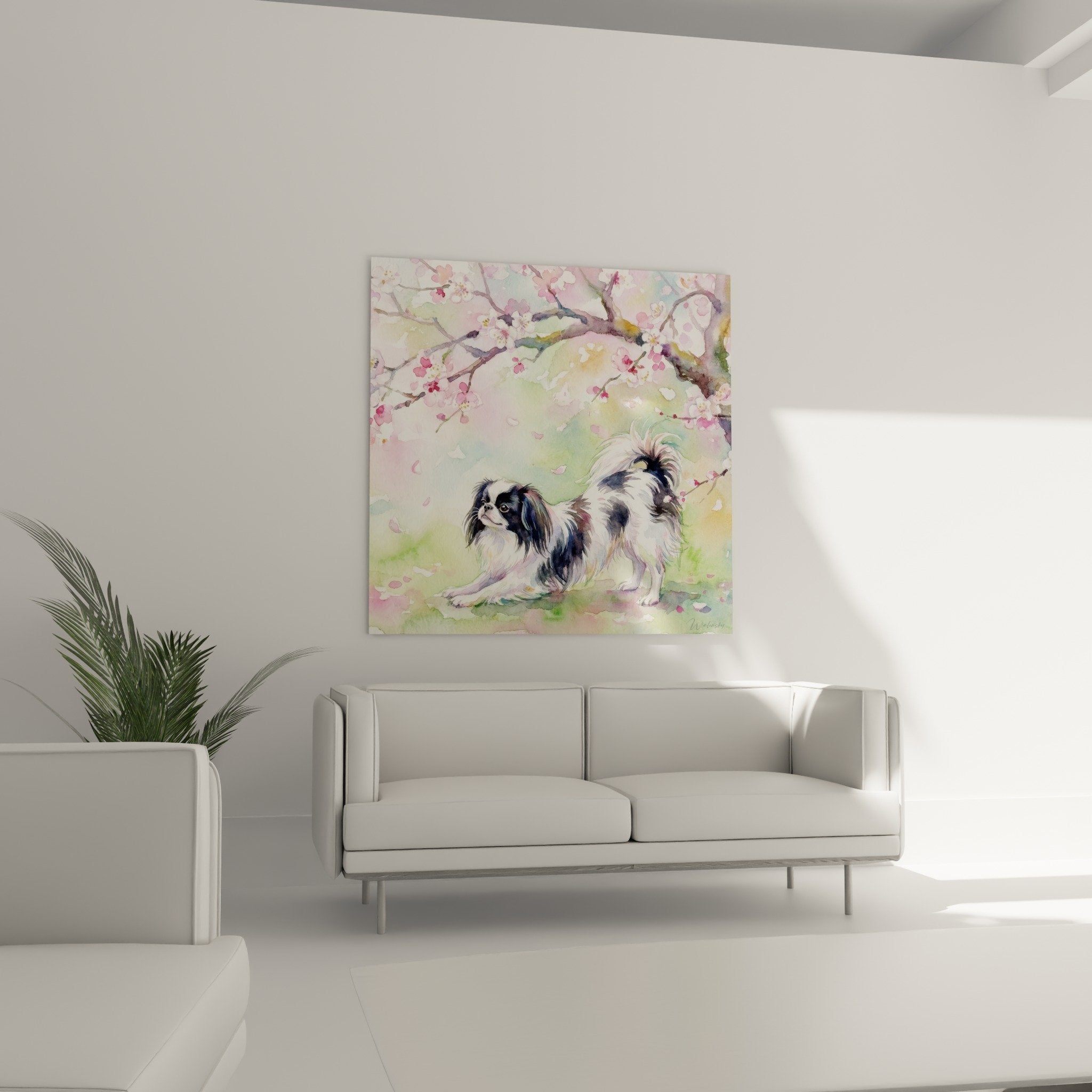 Detail aquarelle epagneul japonais pelage noir blanc technique peinture floue artistique