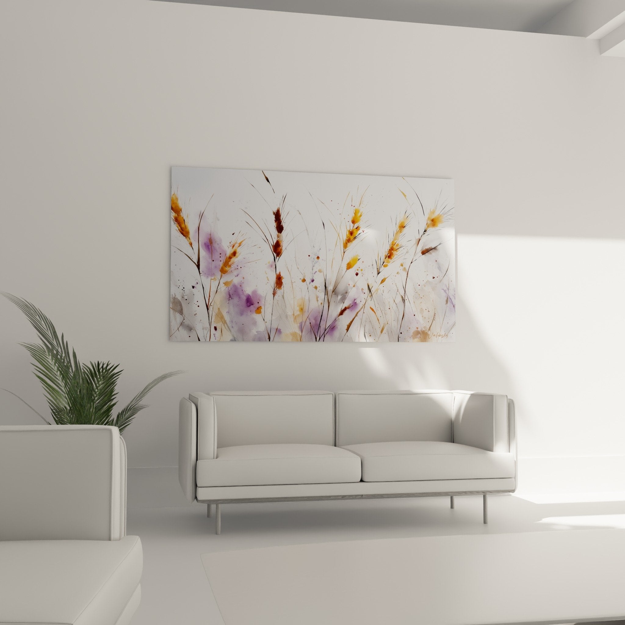 Détail aquarelle épis blé peinture dorée orange technique fluide éclaboussures violettes artistique