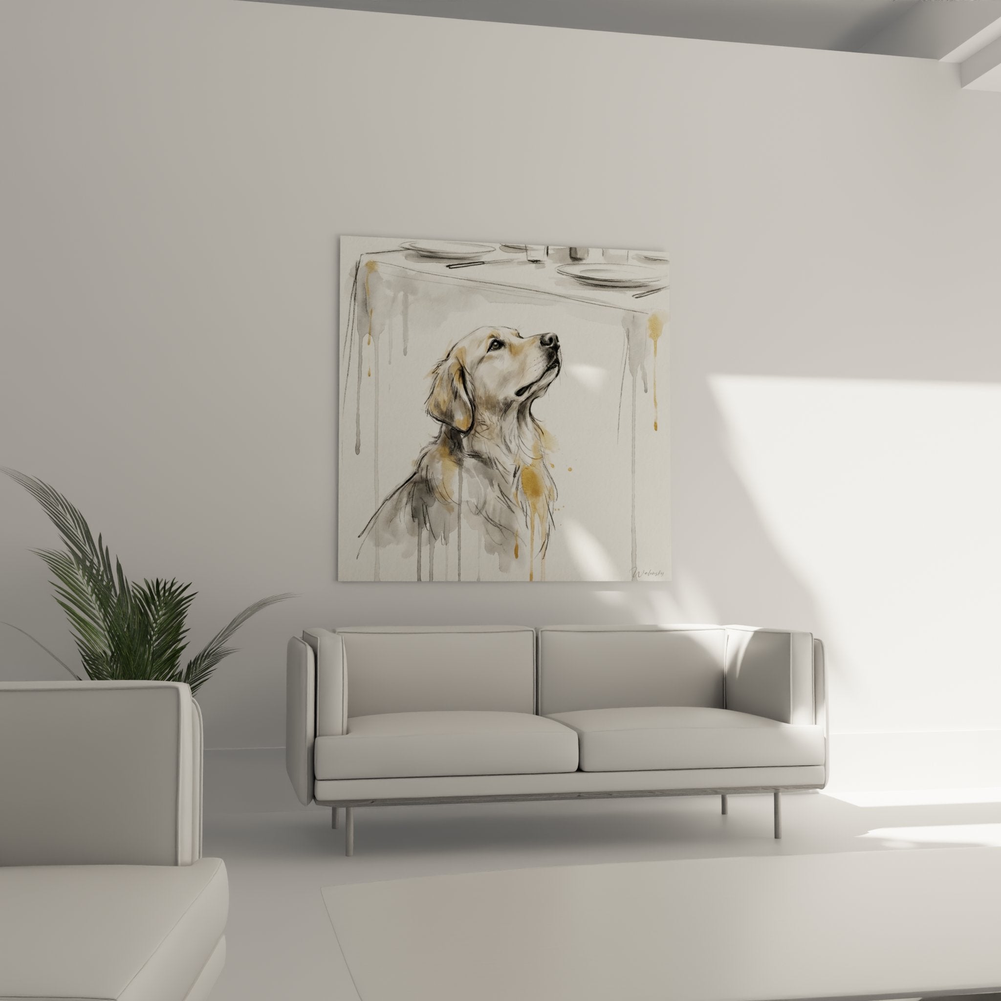 Détail aquarelle Golden Retriever, technique coulures dorées, regard canin expressif vers le ciel
