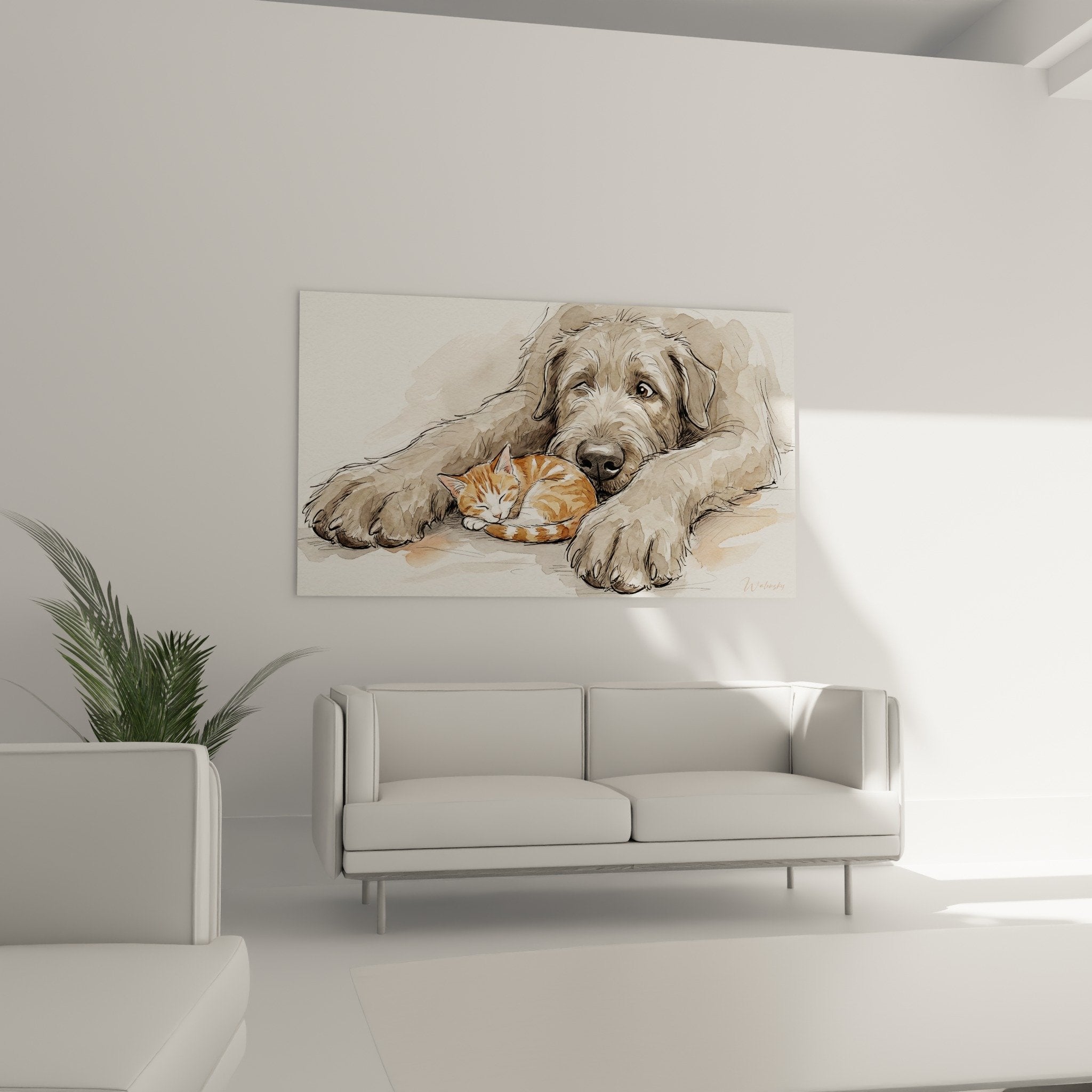 Aquarelldetail irischer Wolfshund zartes Katzenblick rothaariges Kätzchen künstlerische Technik beige Nuancen