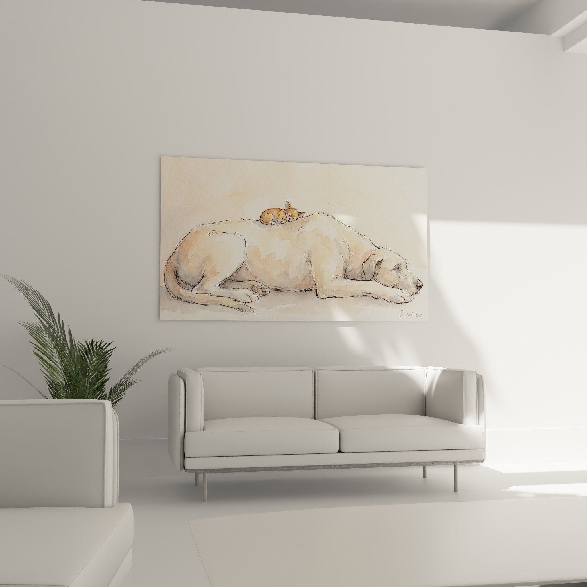 Detail aquarelle Irish Wolfhound et chihuahua - technique lavis transparences nuances beiges sable