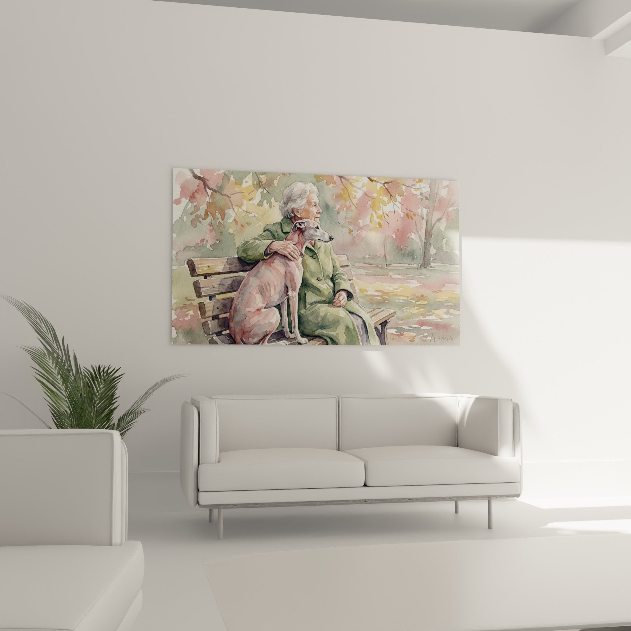 Détail aquarelle main dame sur lévrier greyhound complicité tendresse