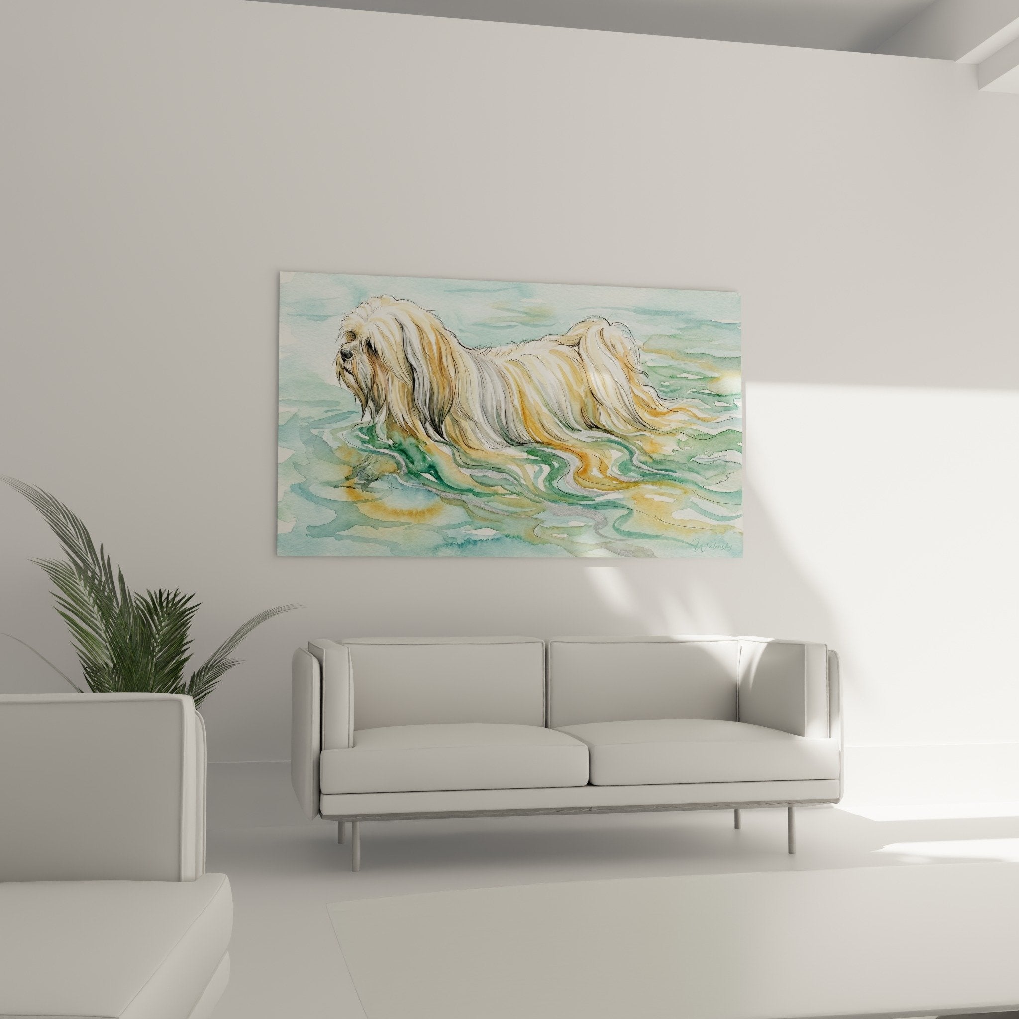 Détail aquarelle Lhassa Apso, pelage doré ondulant dans eau aux reflets verts et bleus pastel