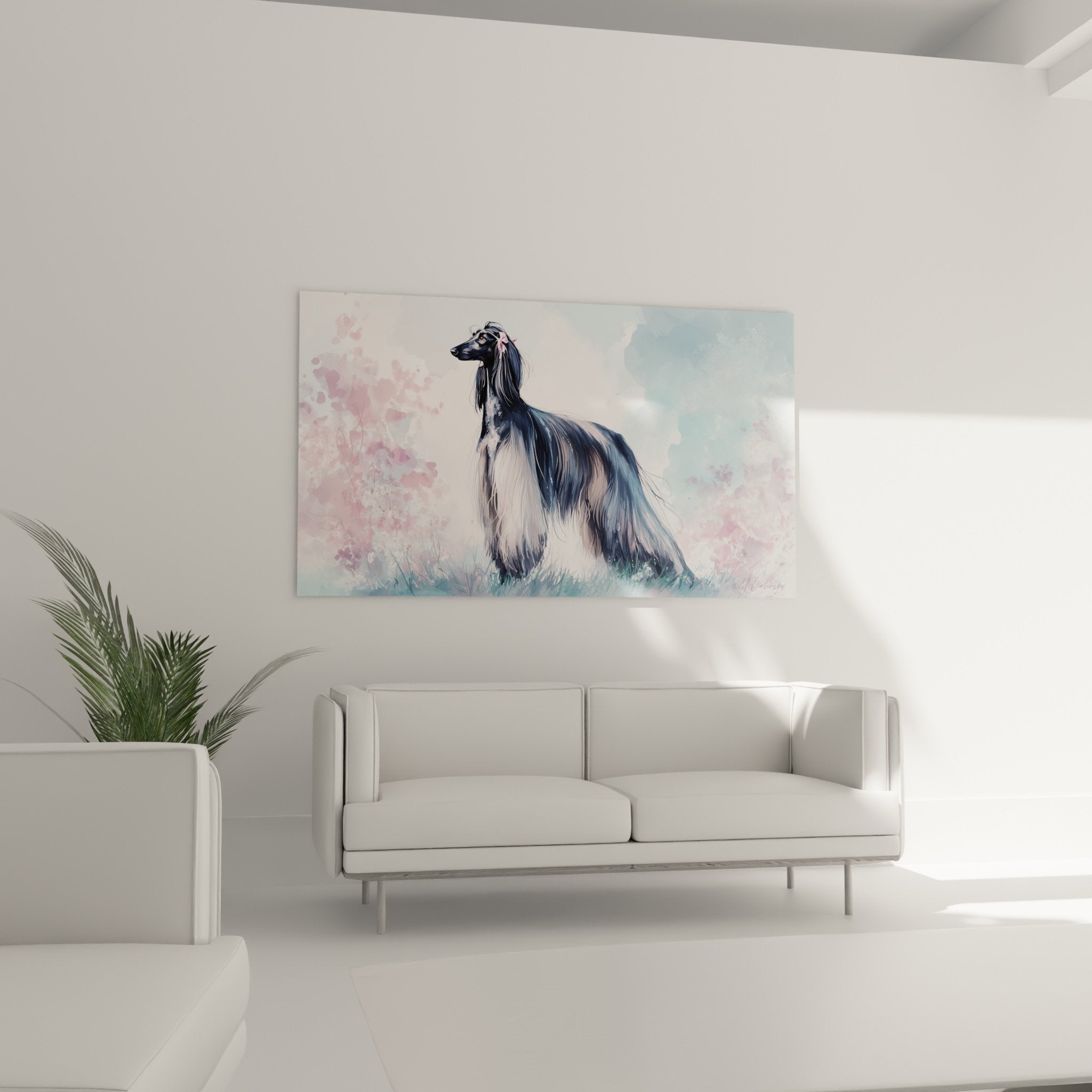 Détail aquarelle lévrier afghan pelage gris blanc technique pinceau tons pastel