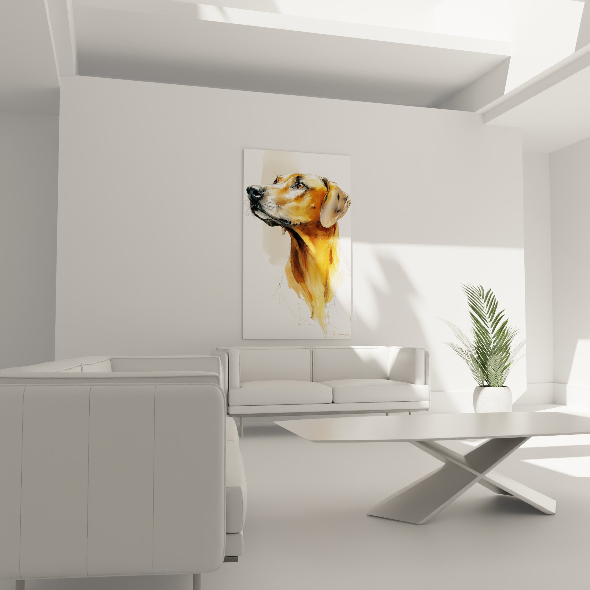 Détail portrait chien fauve aquarelle, technique picturale fluide, nuances cuivrées et ocre du pelage