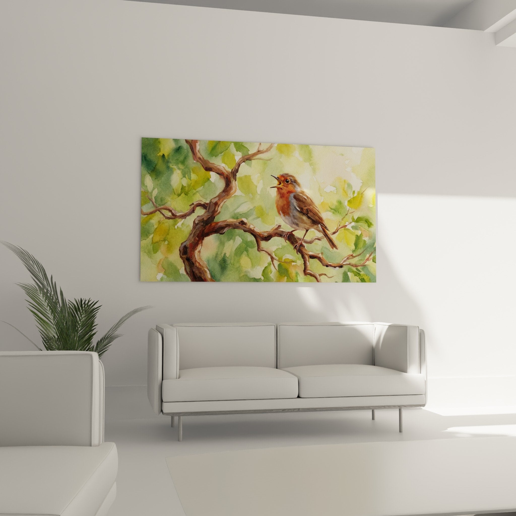 Red robin watercolor detail orange on bonsai branches fluid painting texture natural tones