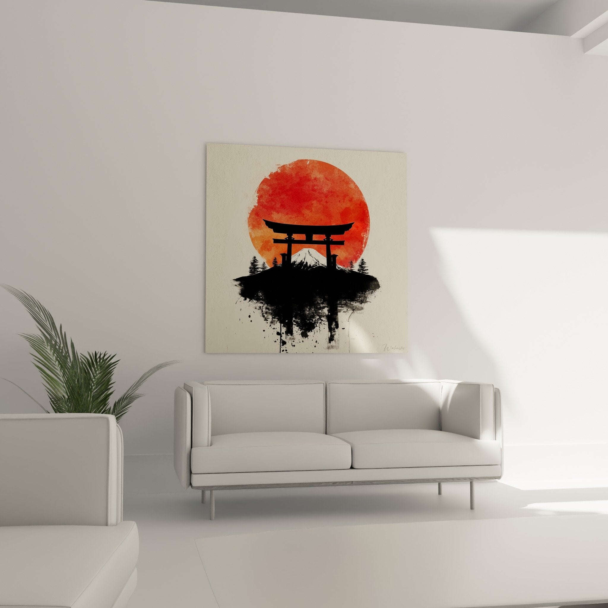 Detail peinture torii aquarelle rouge orange texture artistique portique japonais soleil couchant gros plan