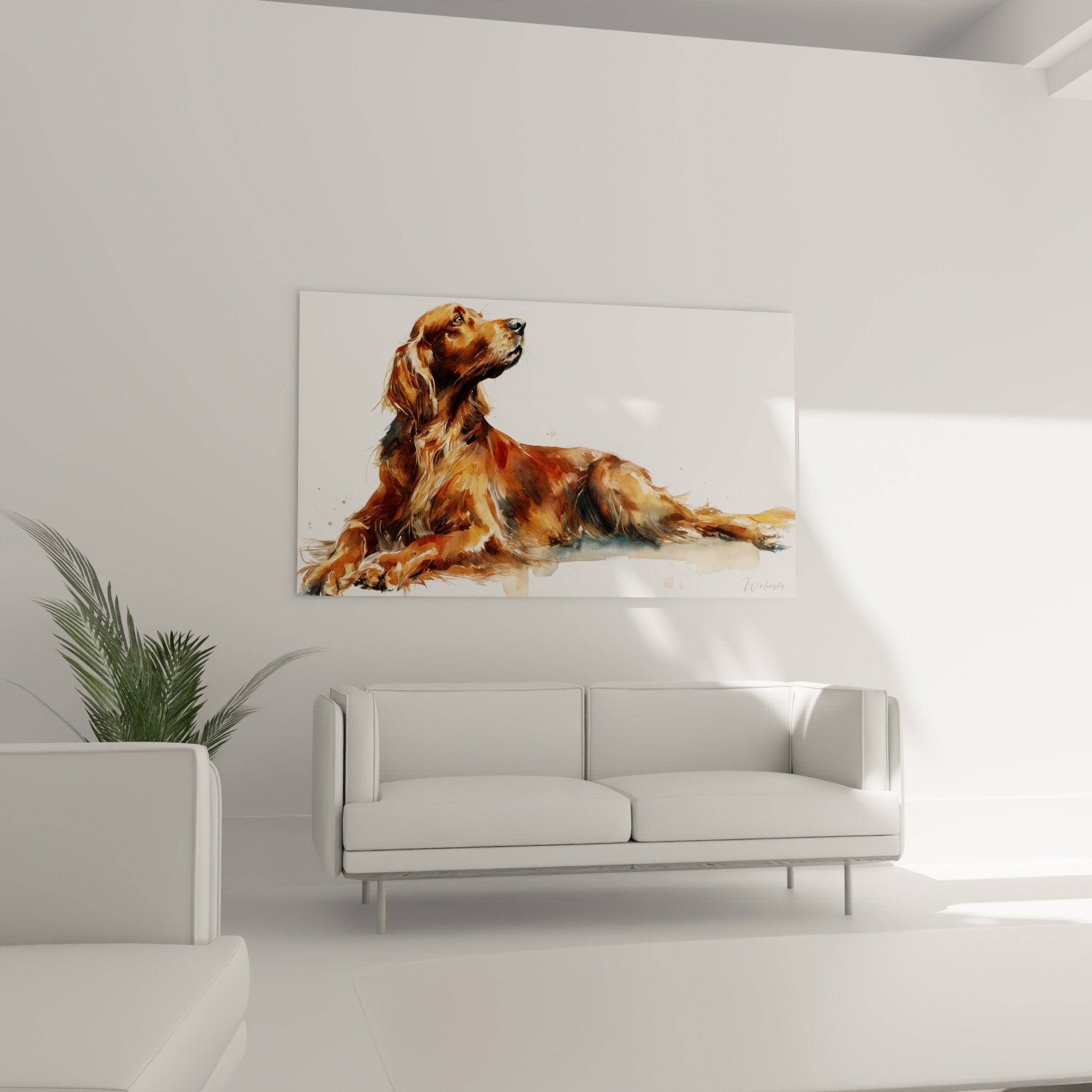 Détail peinture aquarelle setter irlandais, nuances roux ocre brun, technique artistique pelage soyeux