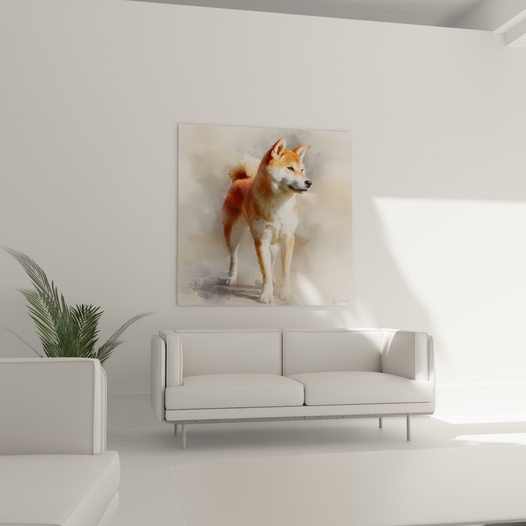Detail portrait Shiba Inu aquarelle montrant finesse des nuances orangees et technique picturale delicate
