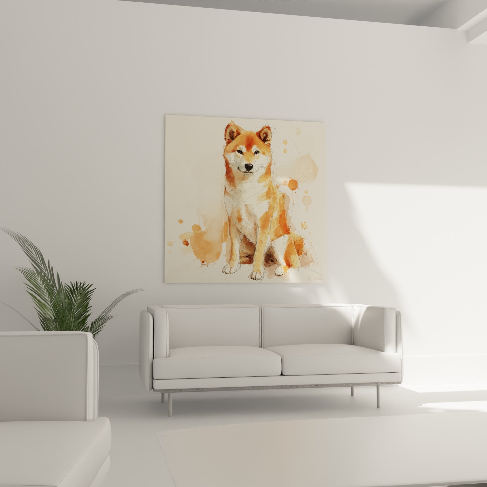 Close-up watercolor Shiba Inu brush technique warm orange tones artistic details