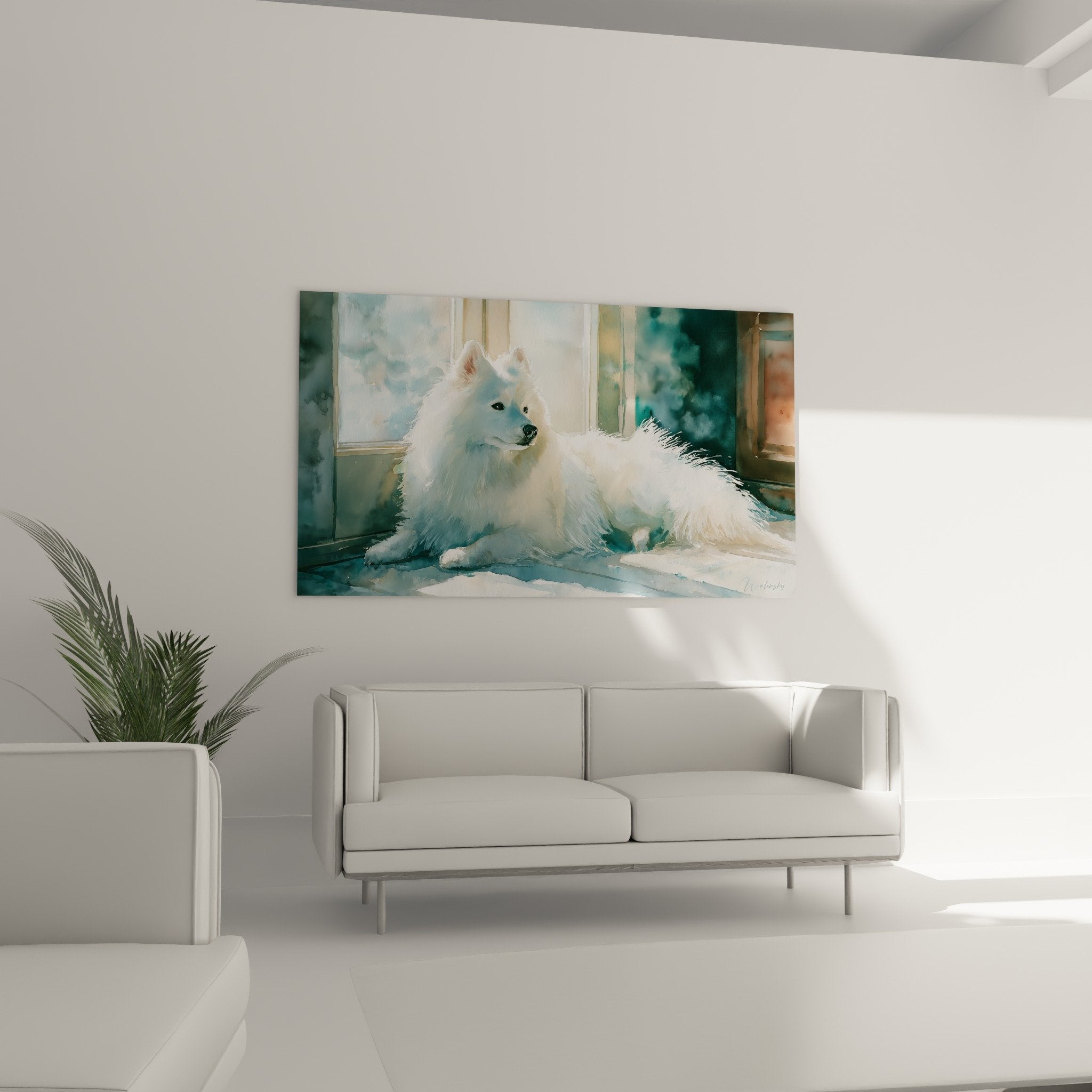 Detail aquarelle spitz japonais pelage blanc texture pinceau fluide nuances bleues artistiques