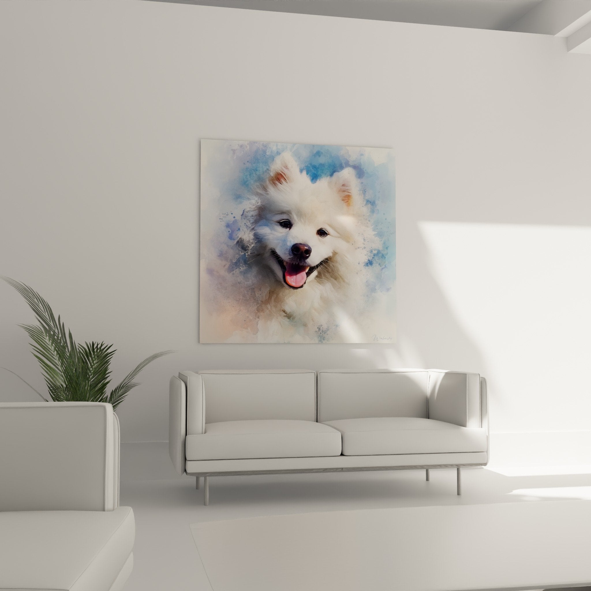 Detail aquarelle Spitz Japonais pelage blanc yeux tendres technique artistique