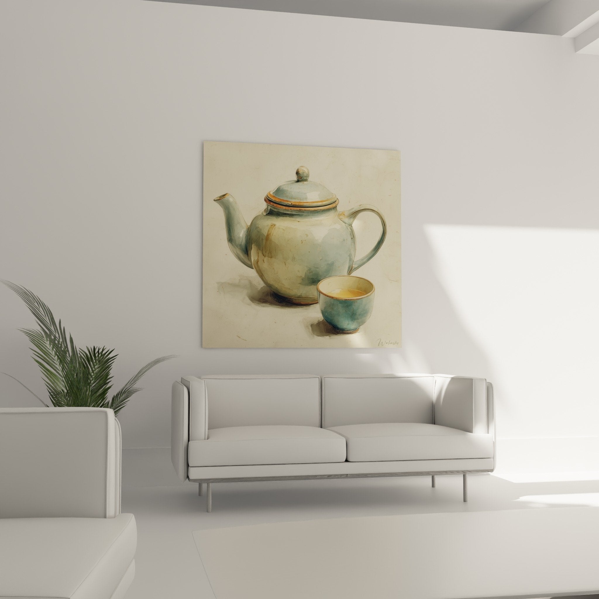 detail aquarelle theiere japonaise nuances vert eau beige texture peinture reflets nacres porcelaine