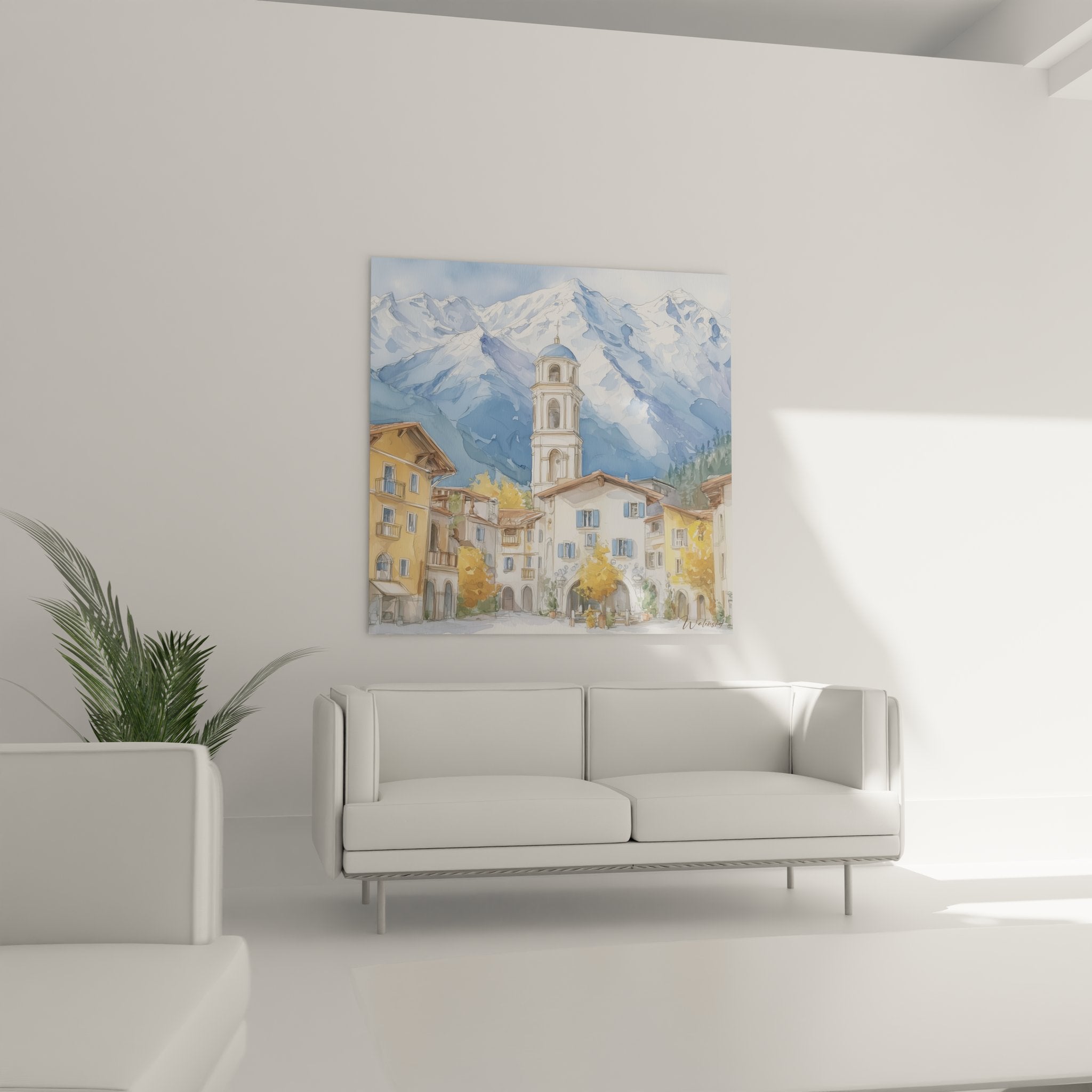 Gros plan détail aquarelle village alpin clocher architecture montagne traditional