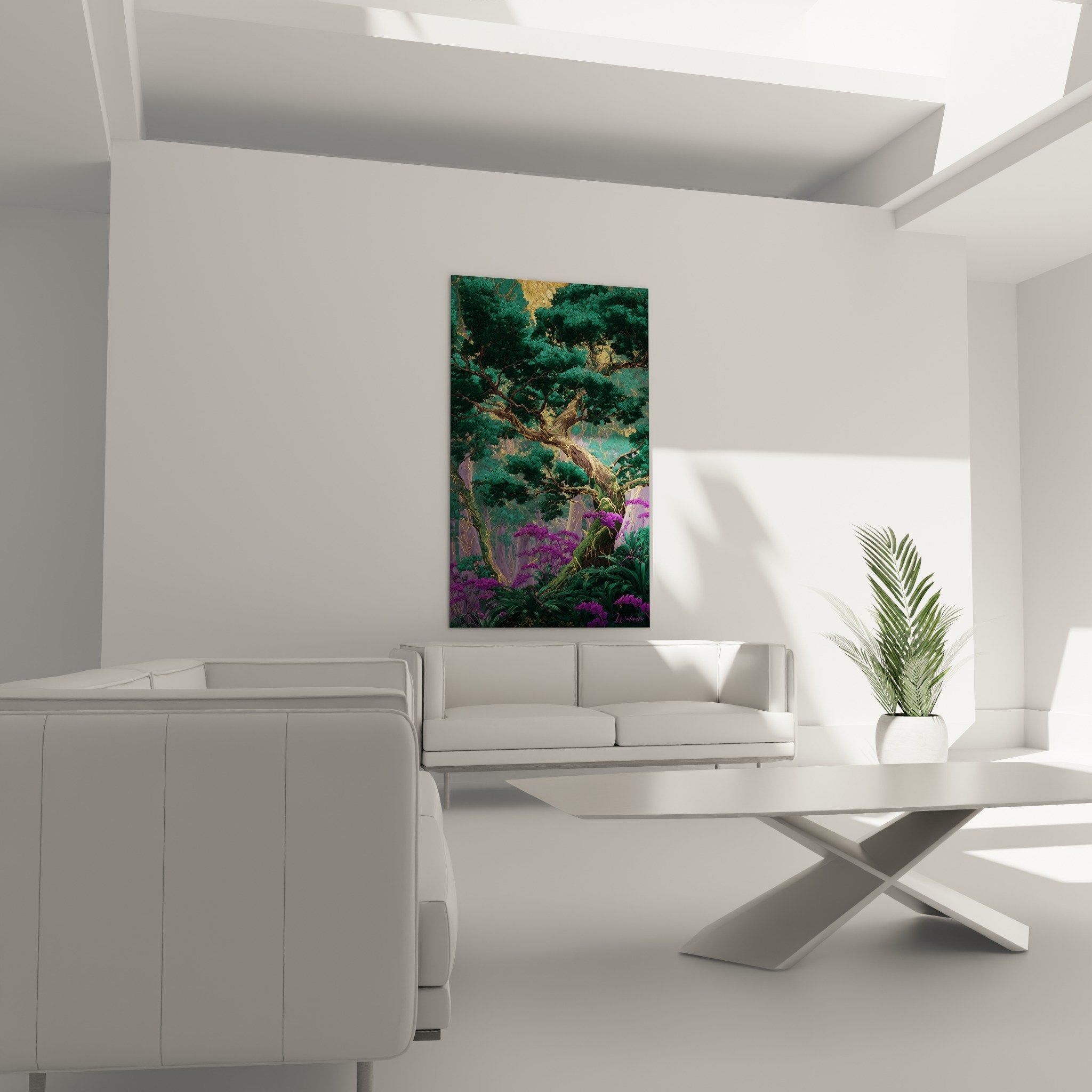 Close-up tree painting with twisted branches green leaves golden purple reflections feng shui