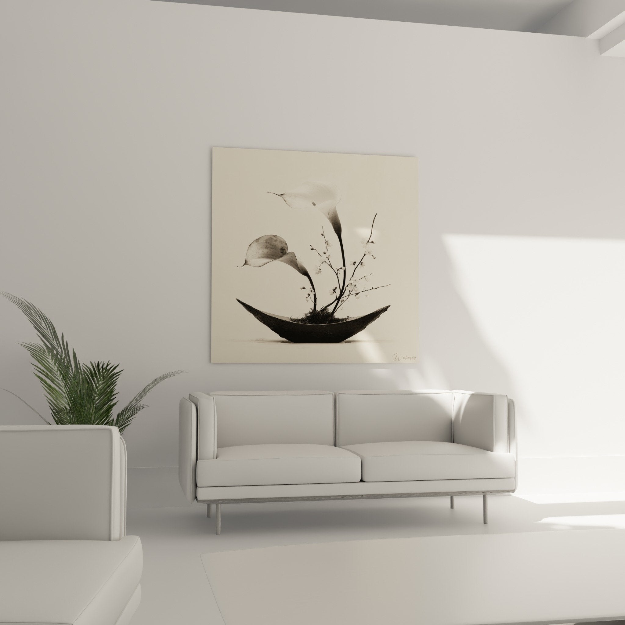 Detail composition florale japonaise monochrome, petales blancs et tiges dans recipient noir