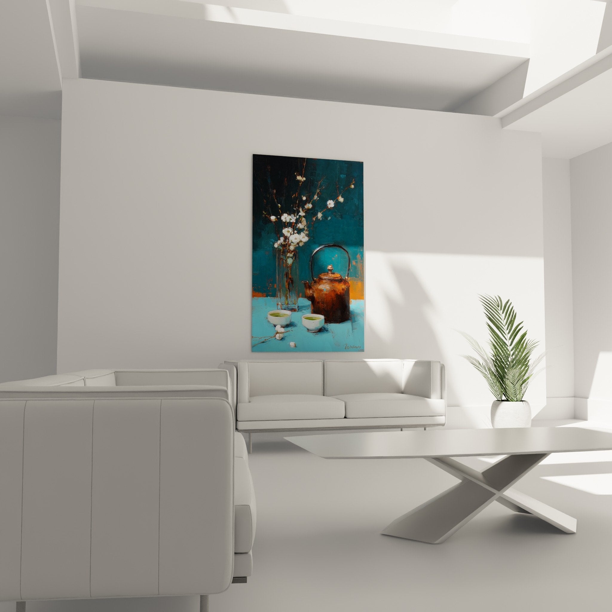 Detail tableau art japonais theiere cuivree bols the vert composition zen tons turquoise et cuivre