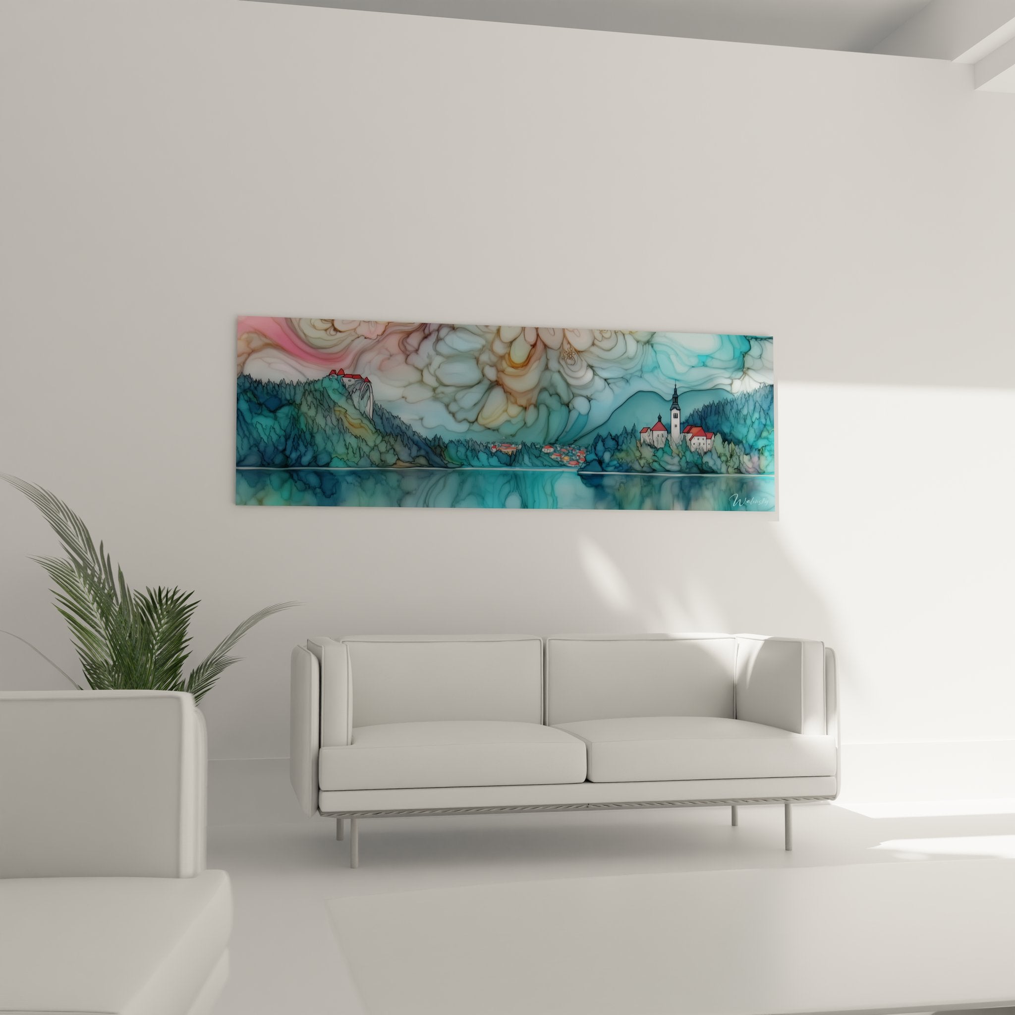 Détail tableau art lac de Bled, technique aquarelle église et reflets sur eau cristalline