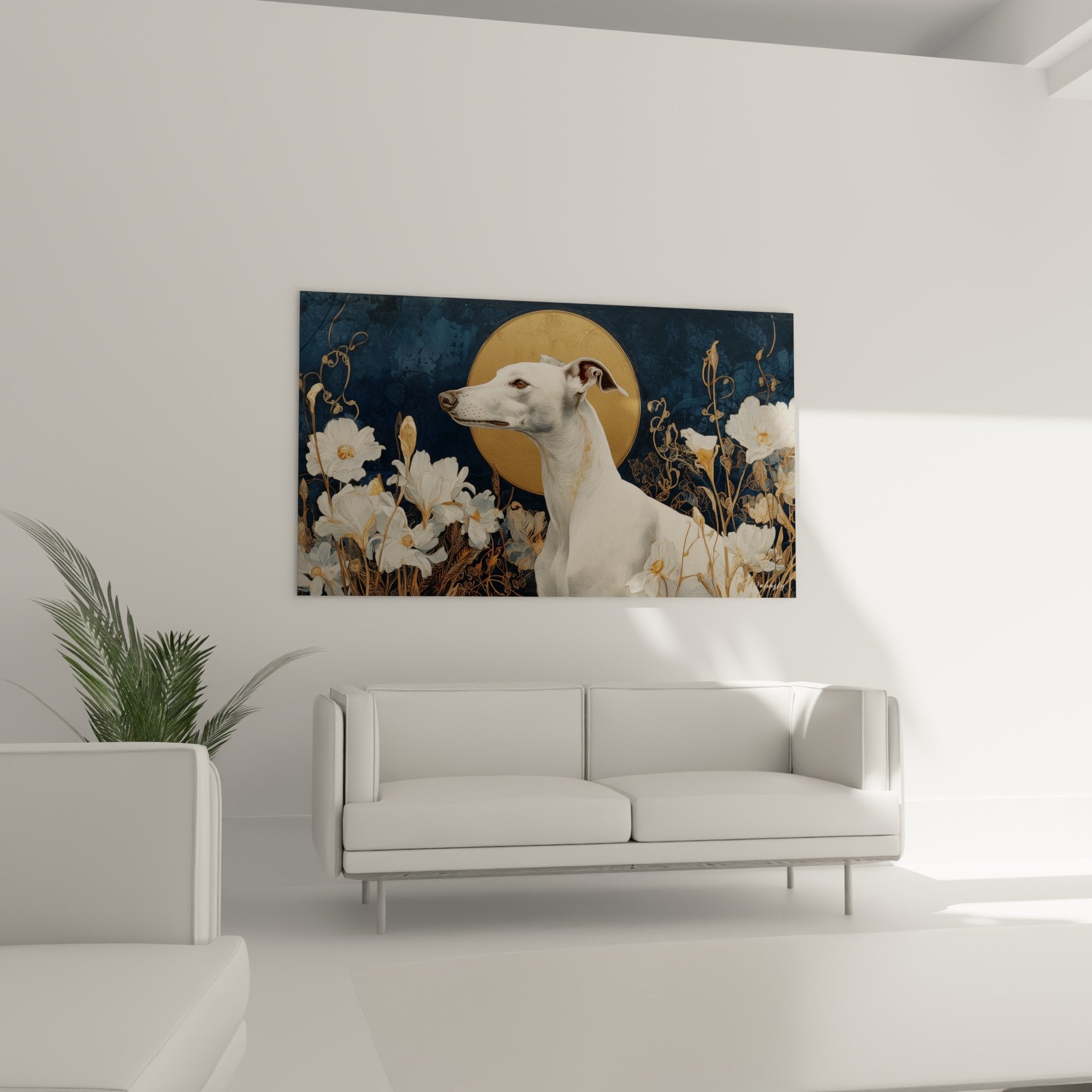 Détail auréole dorée et lys blancs du tableau lévrier whippet sur fond bleu marine