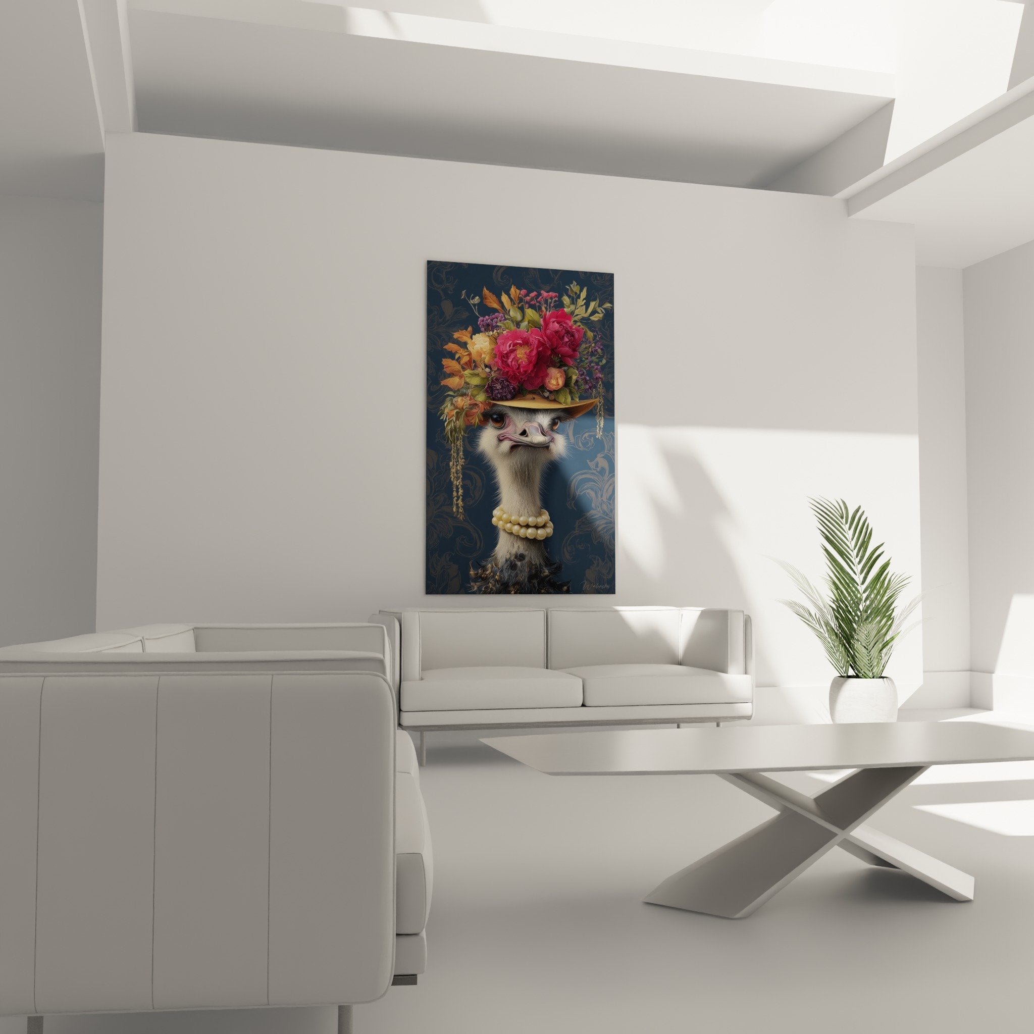 Detail autruche noble regard expressif pivoines roses feuillage dore perles nacrées art animalier