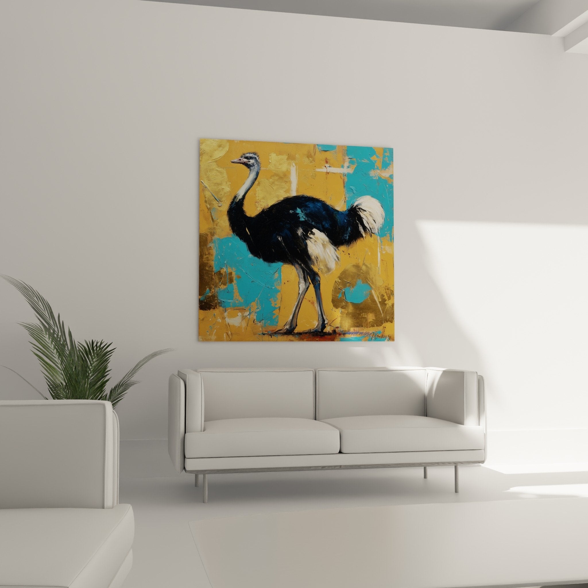 Detail of black ostrich plumage on golden turquoise painted background with visible paint texture
