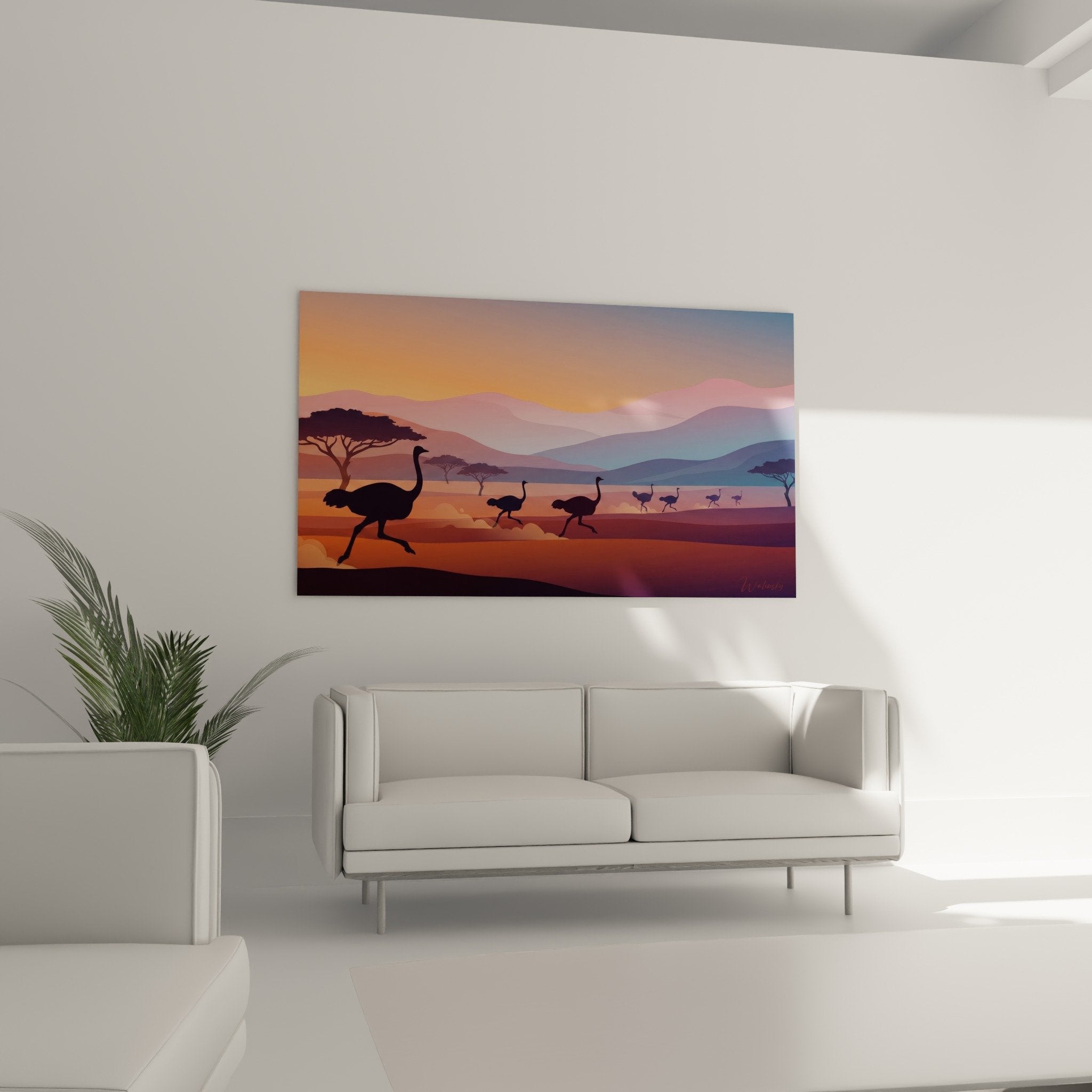Detail tableau autruches silhouettes noires terre rouge ocre ciel orange dore effet artistique transparence