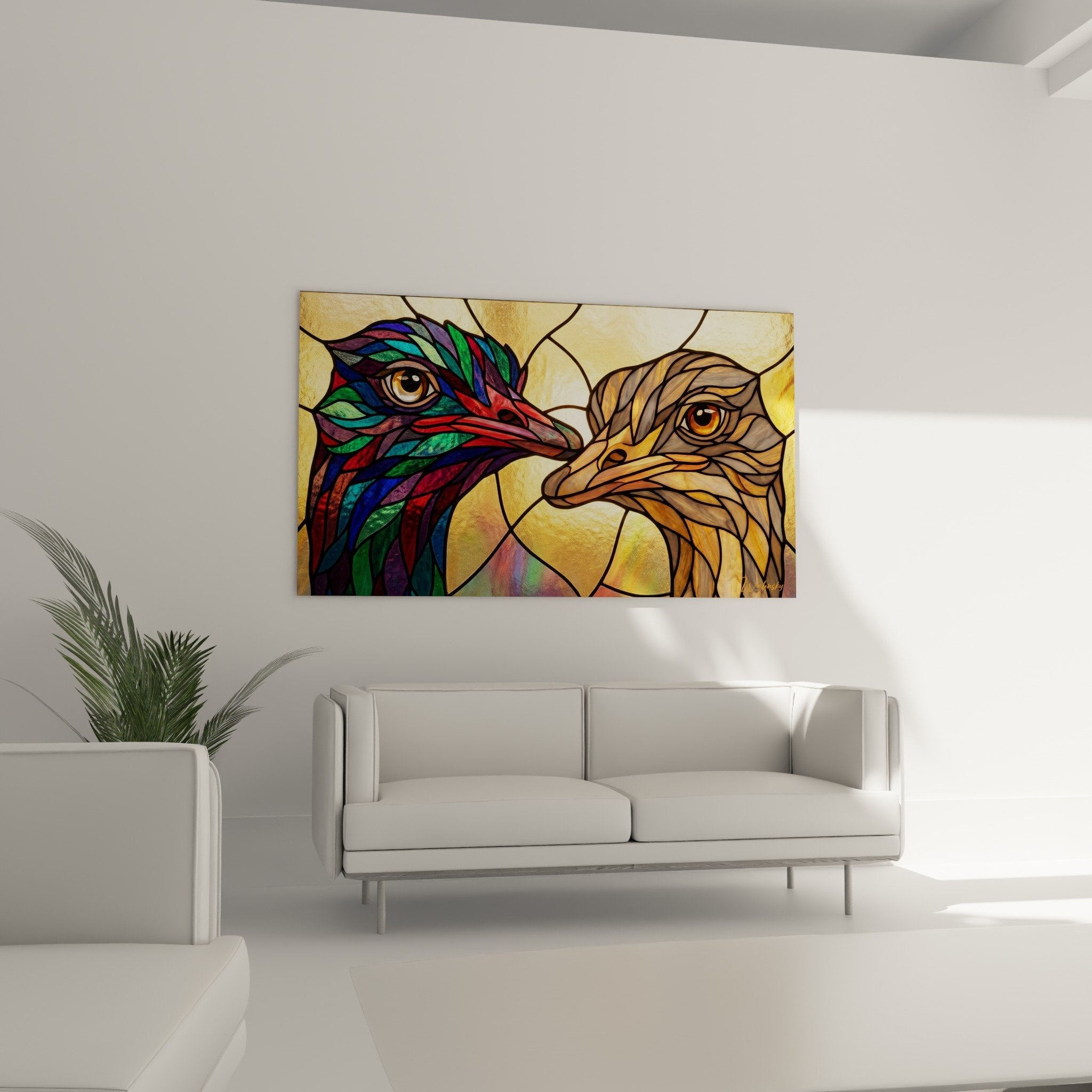 Détail rapproché du tableau montrant les plumes multicolores de l'autruche en technique vitrail