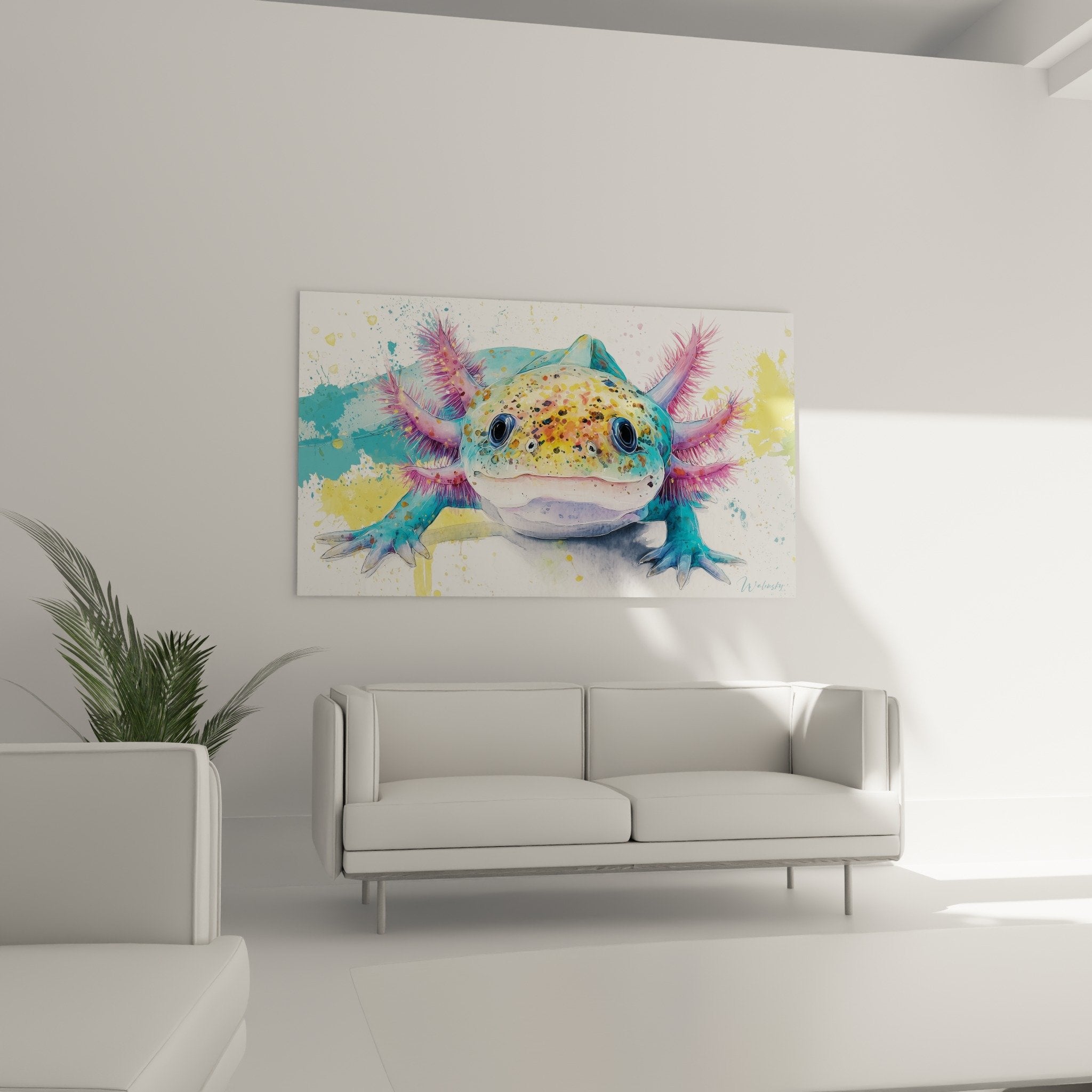 Détail aquarelle axolotl montrant textures turquoise, taches dorées et branchies violettes délicates