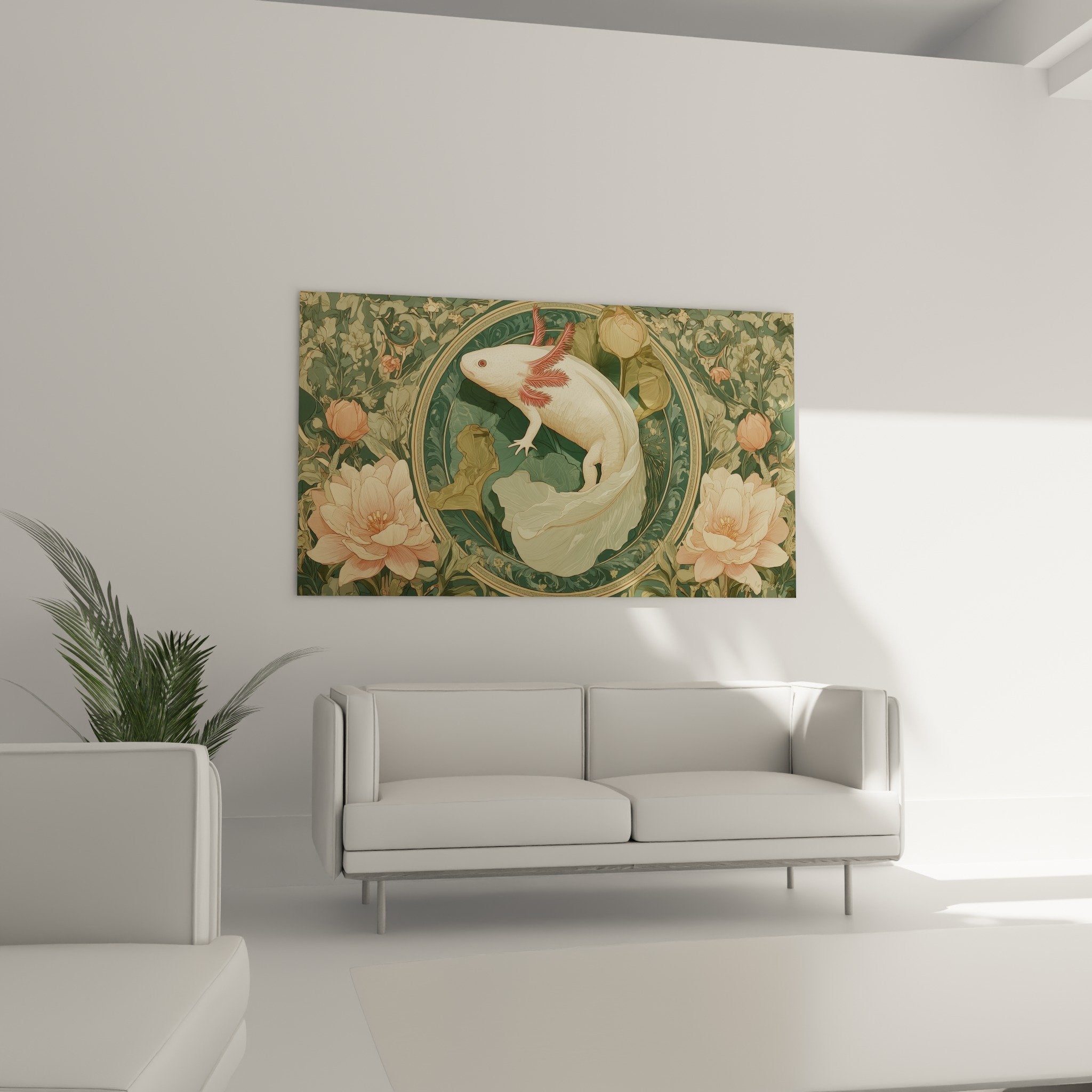 Détail rapproché axolotl blanc branchies roses sur fond vert émeraude style illustration botanique