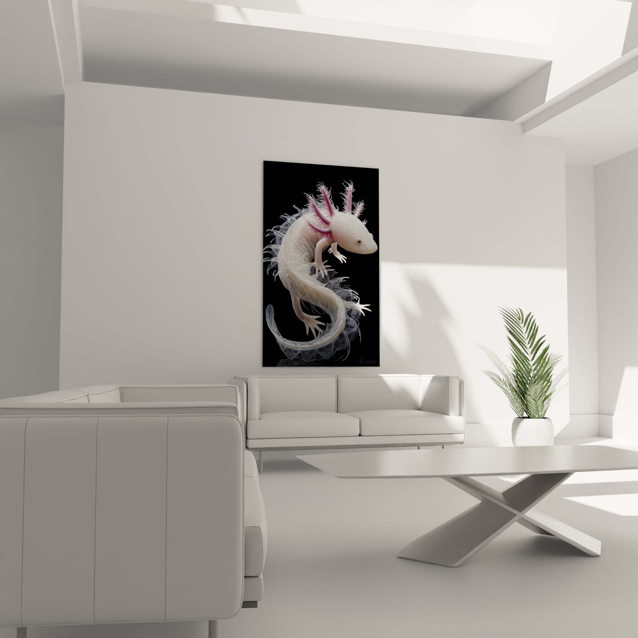 Détail axolotl albinos branchies rose pâle texture translucide art réaliste