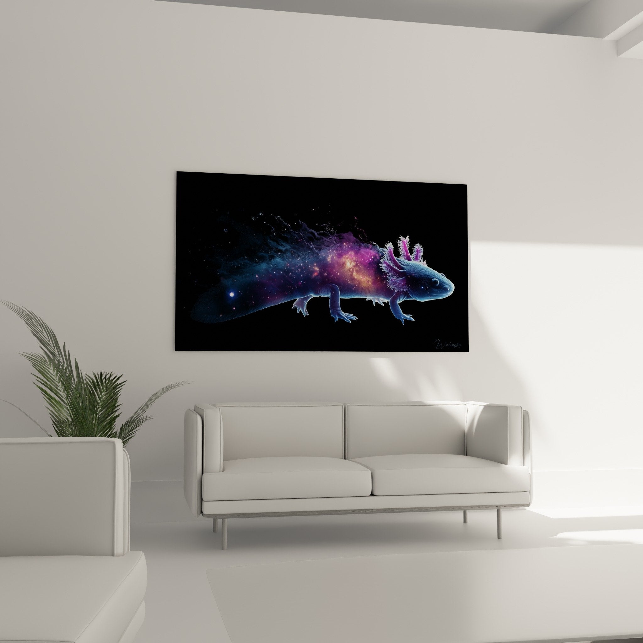Détail rapproché axolotl cosmique montrant dégradé bleu violet et branchies roses translucides