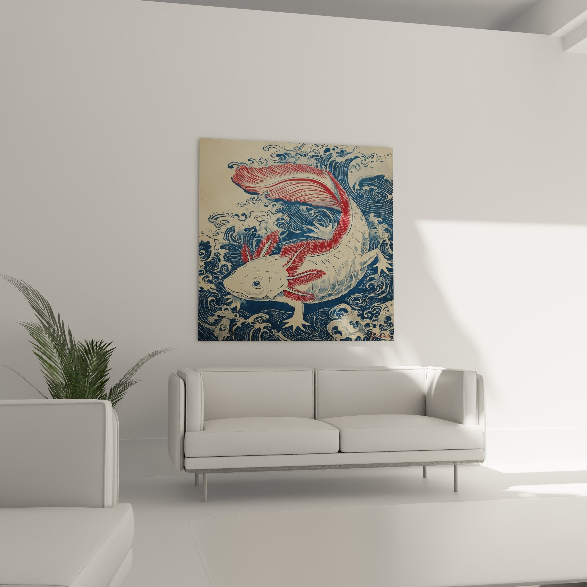 Détail rapproché tableau axolotl nageoires rouge écarlate corps blanc crème vagues bleues spiralées