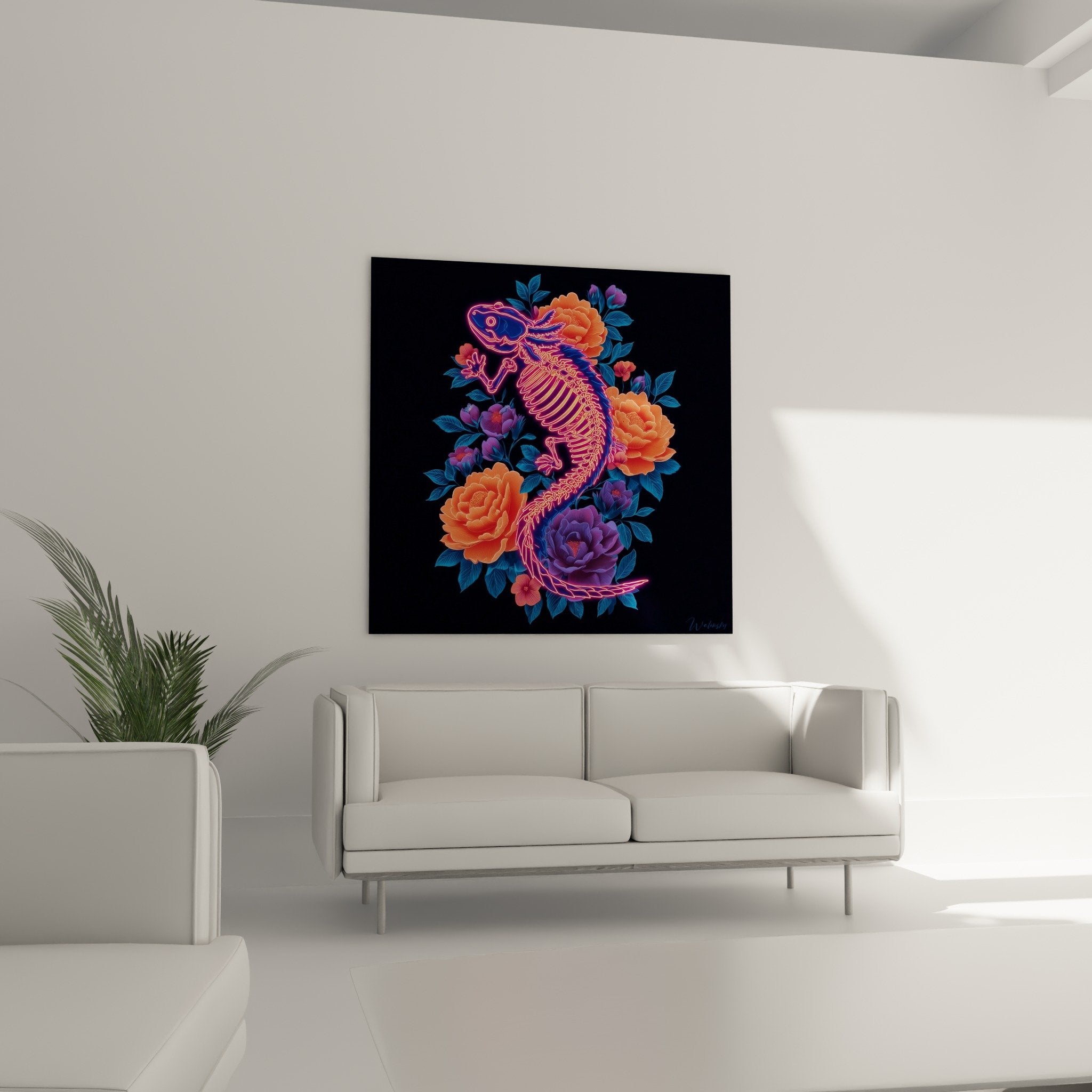 Détail squelette axolotl effet néon rose entouré peonies orange violet feuillage bleu
