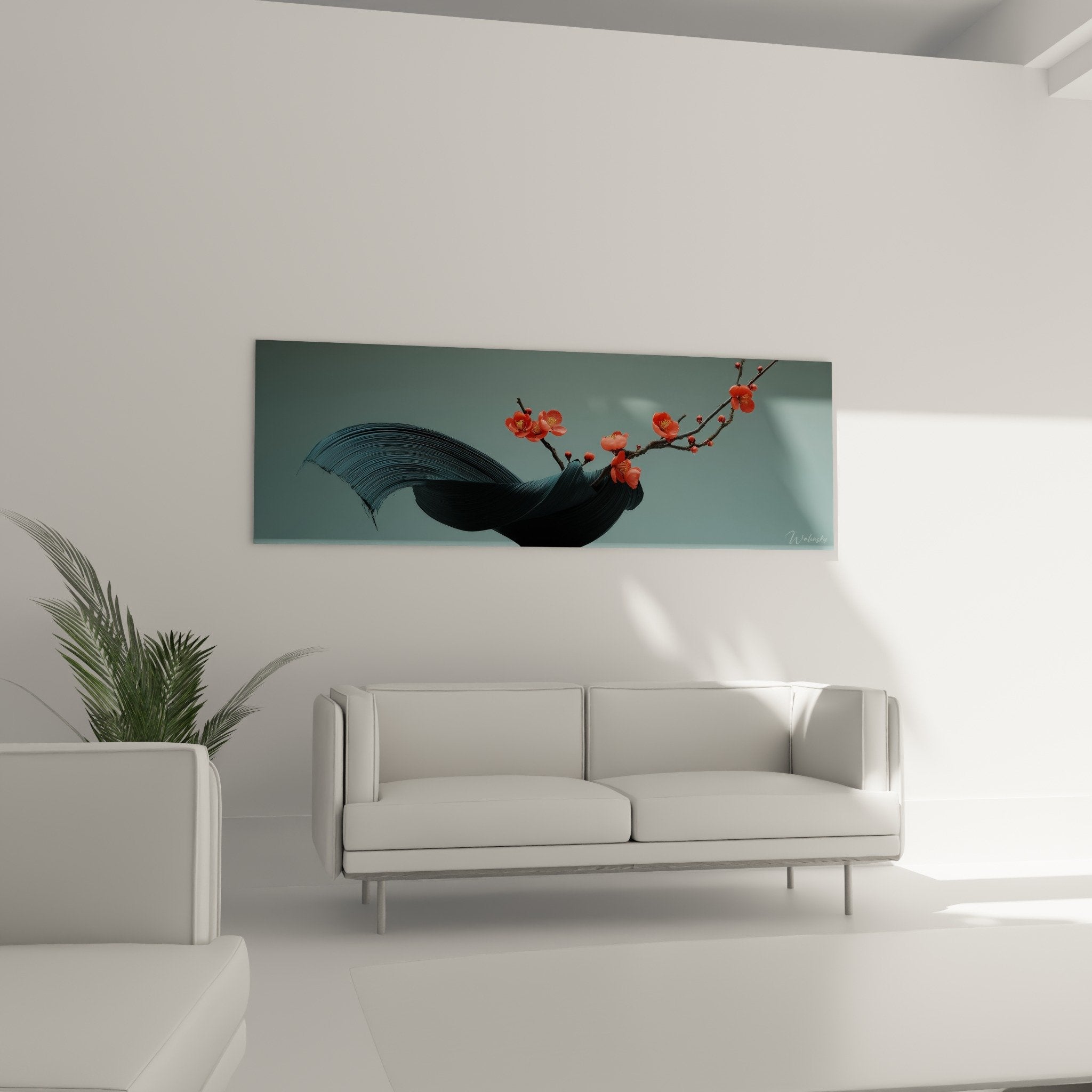 Détail tableau baleine noire et fleurs corail, textures graphiques et nuances océanes art japonais