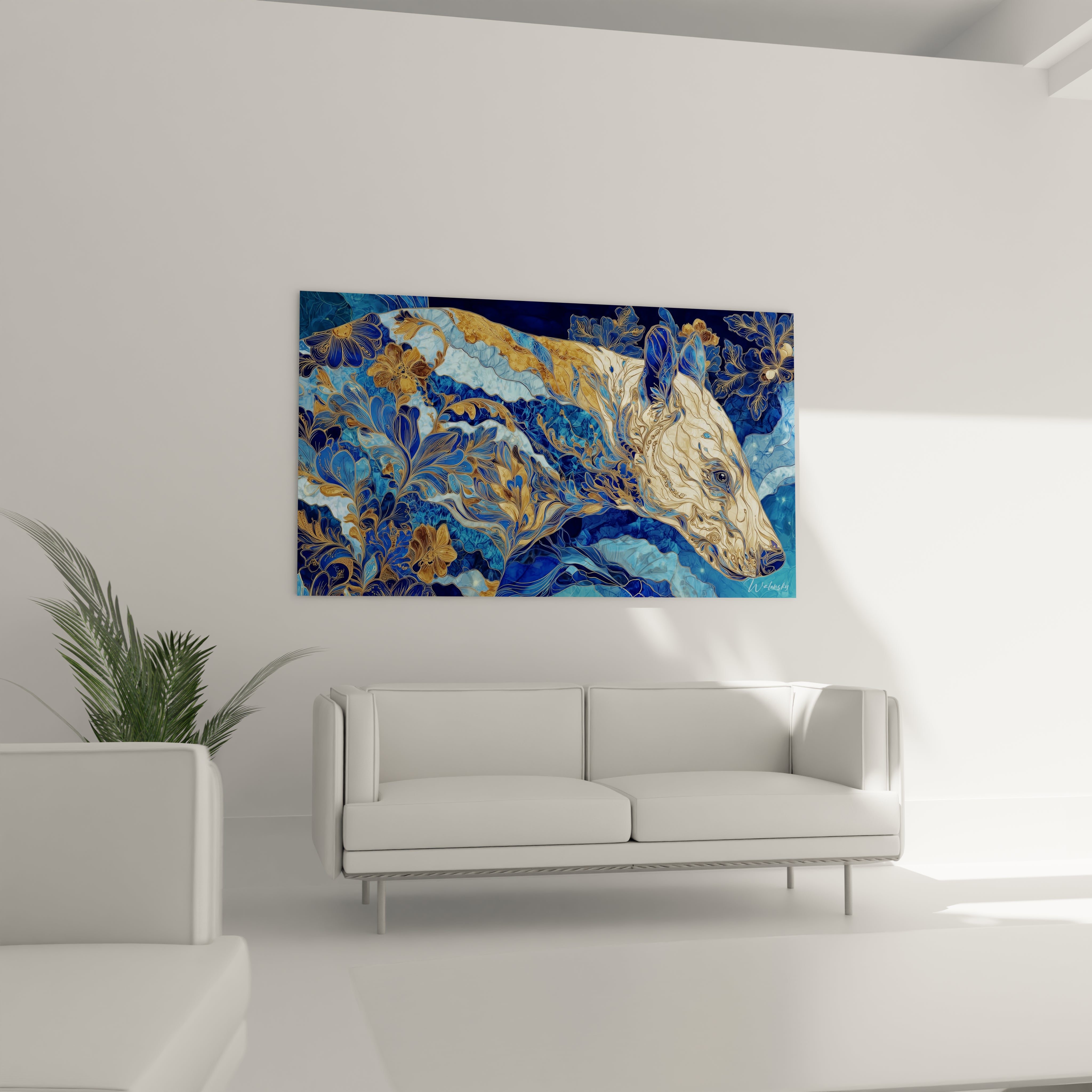 Détail gros plan baleine ornementale dorée avec motifs floraux complexes art décoratif marin