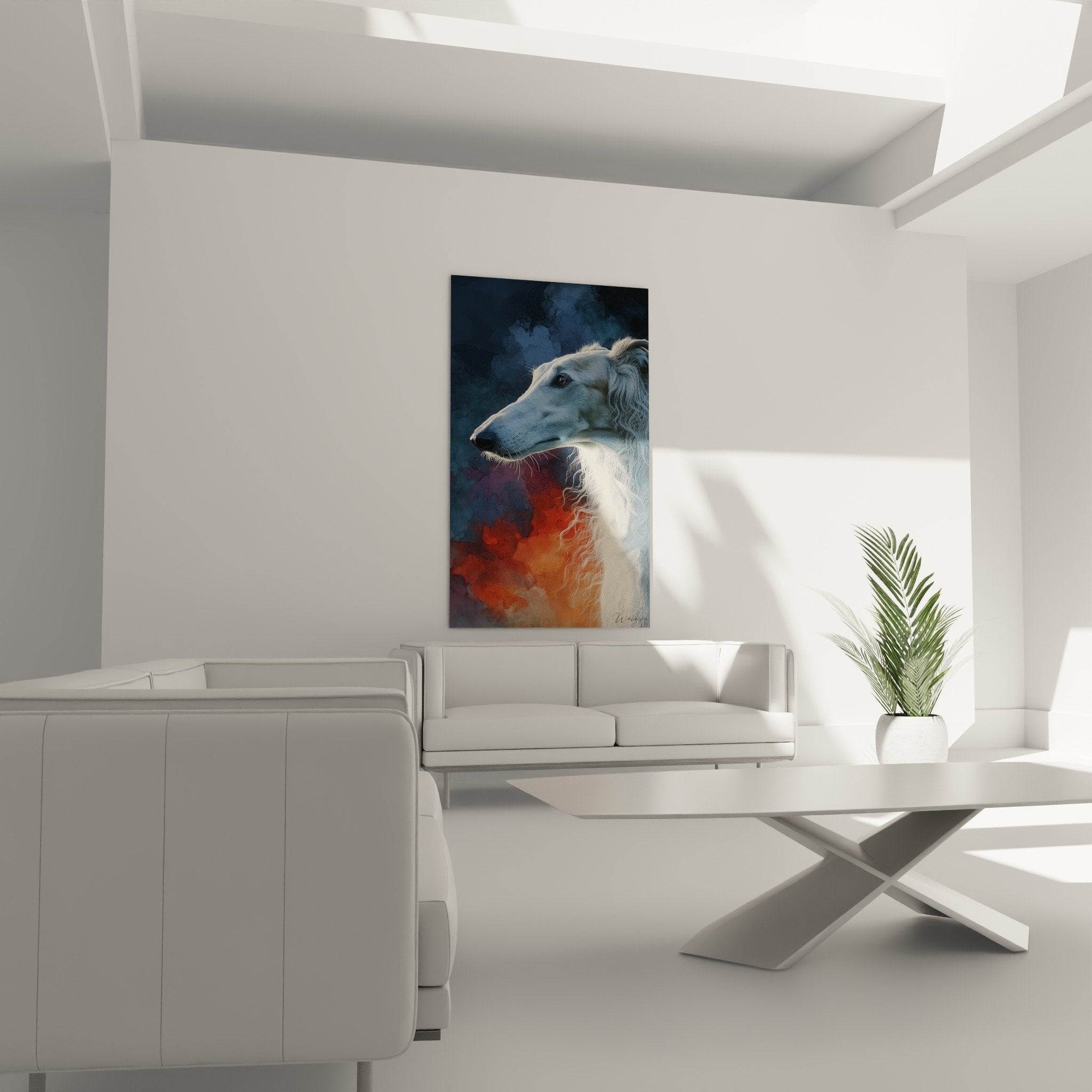 Détail portrait Barzoi hyperréaliste, pelage soyeux clair, technique picturale raffinée