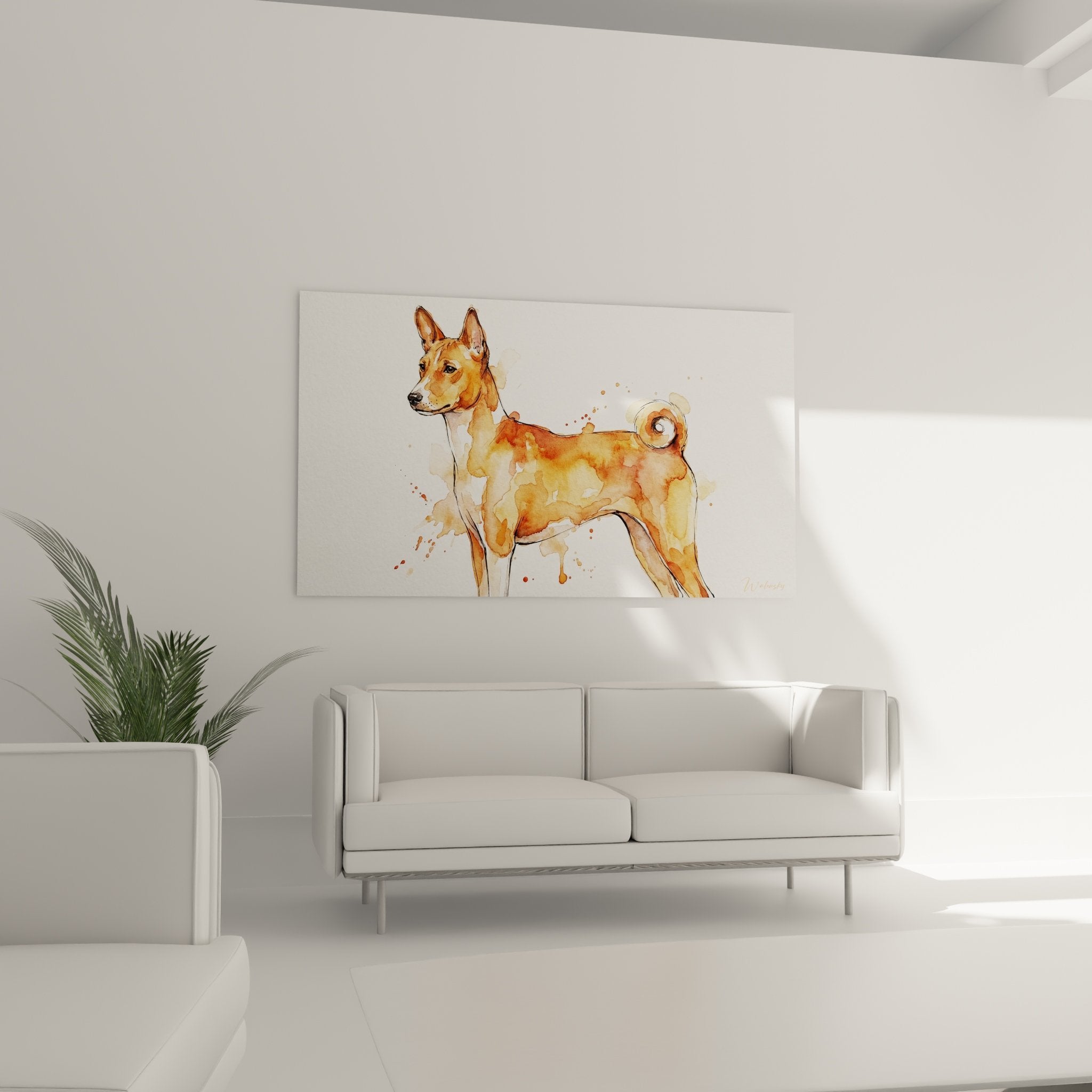Détail portrait Basenji aquarelle, technique picturale éclaboussures orangées et dorées