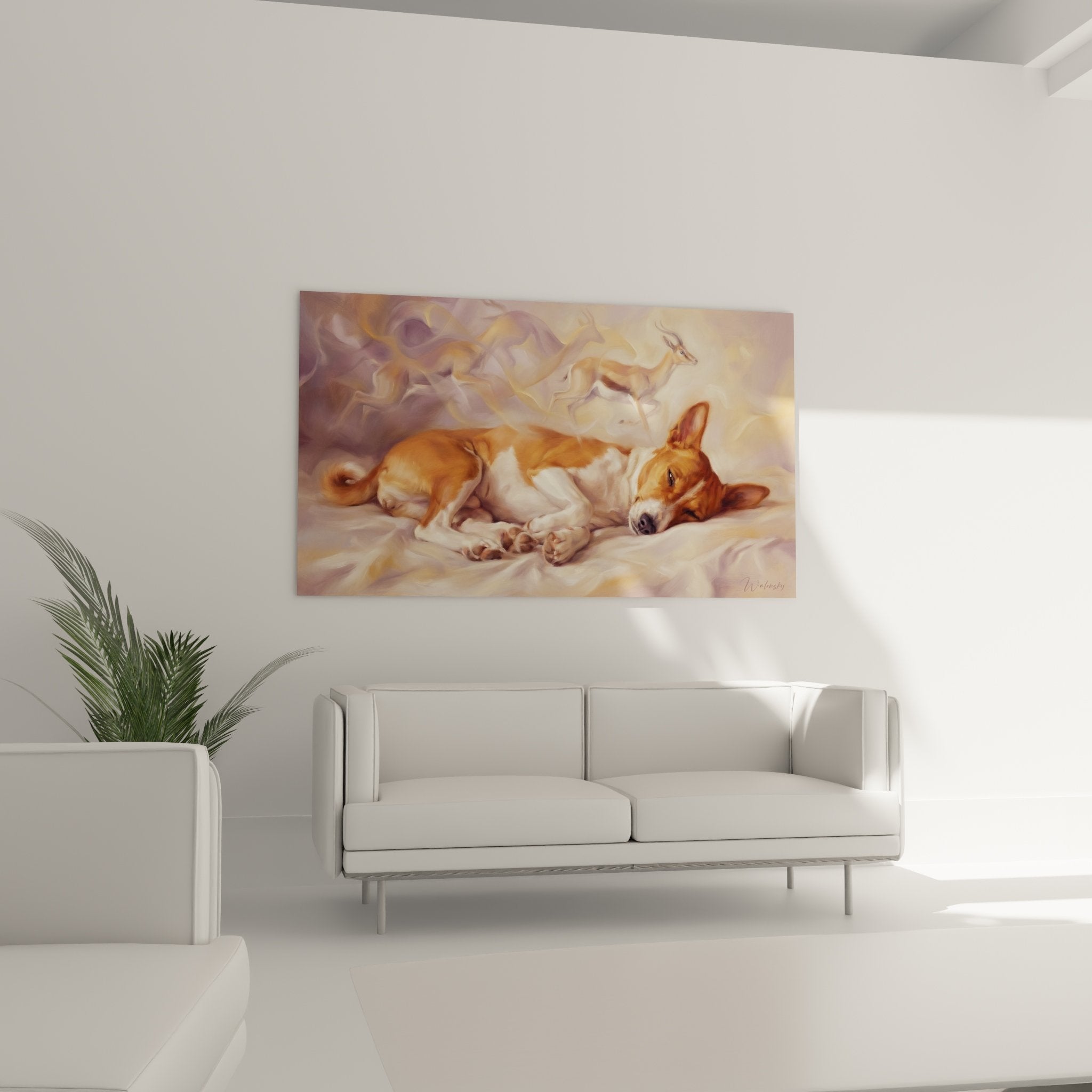 Gros plan du tableau Basenji paisible aux tons poudrés montrant les détails aquarellés et la technique translucide