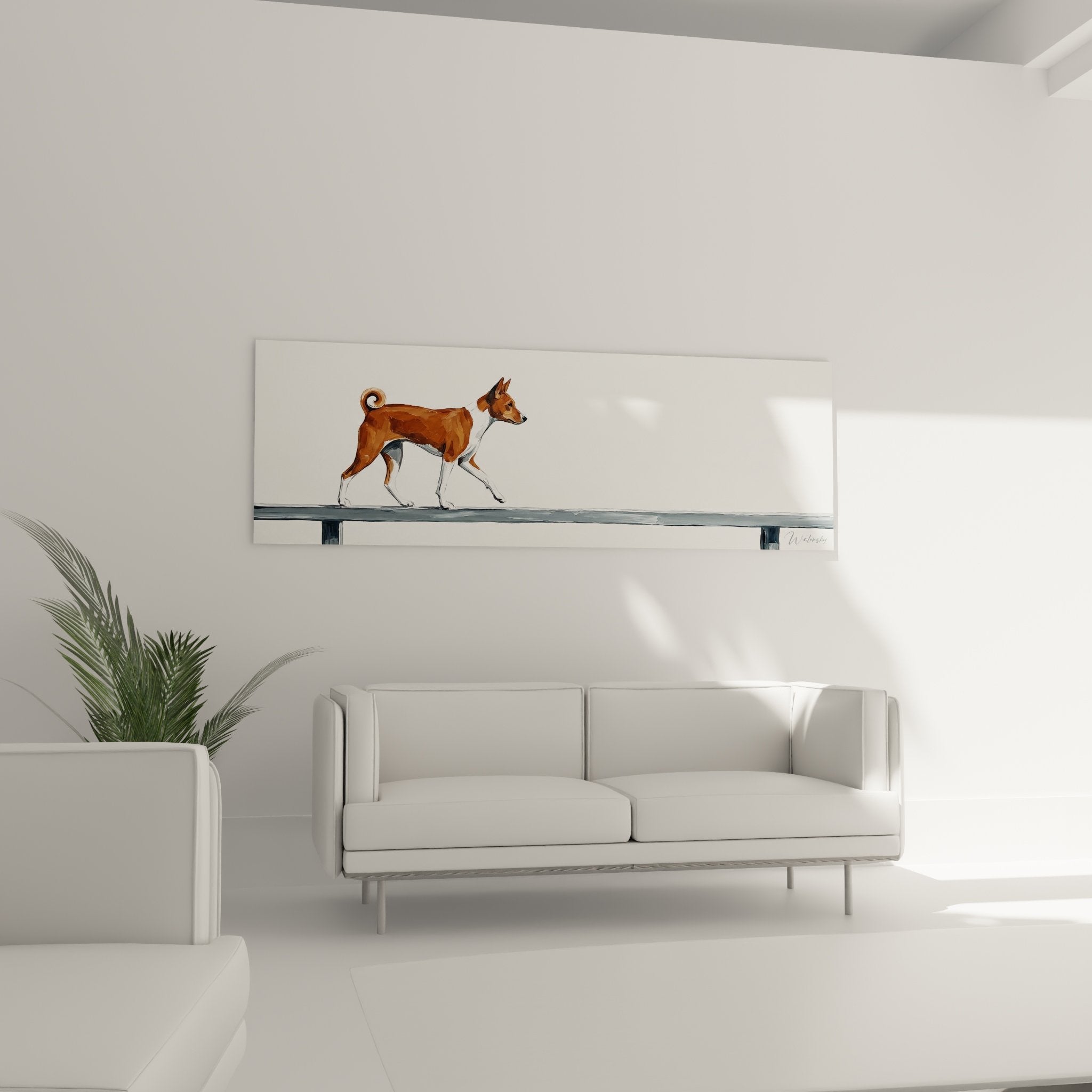 Detail tableau Basenji pelage roux queue enroulee pattes blanches sur poutre metal grise